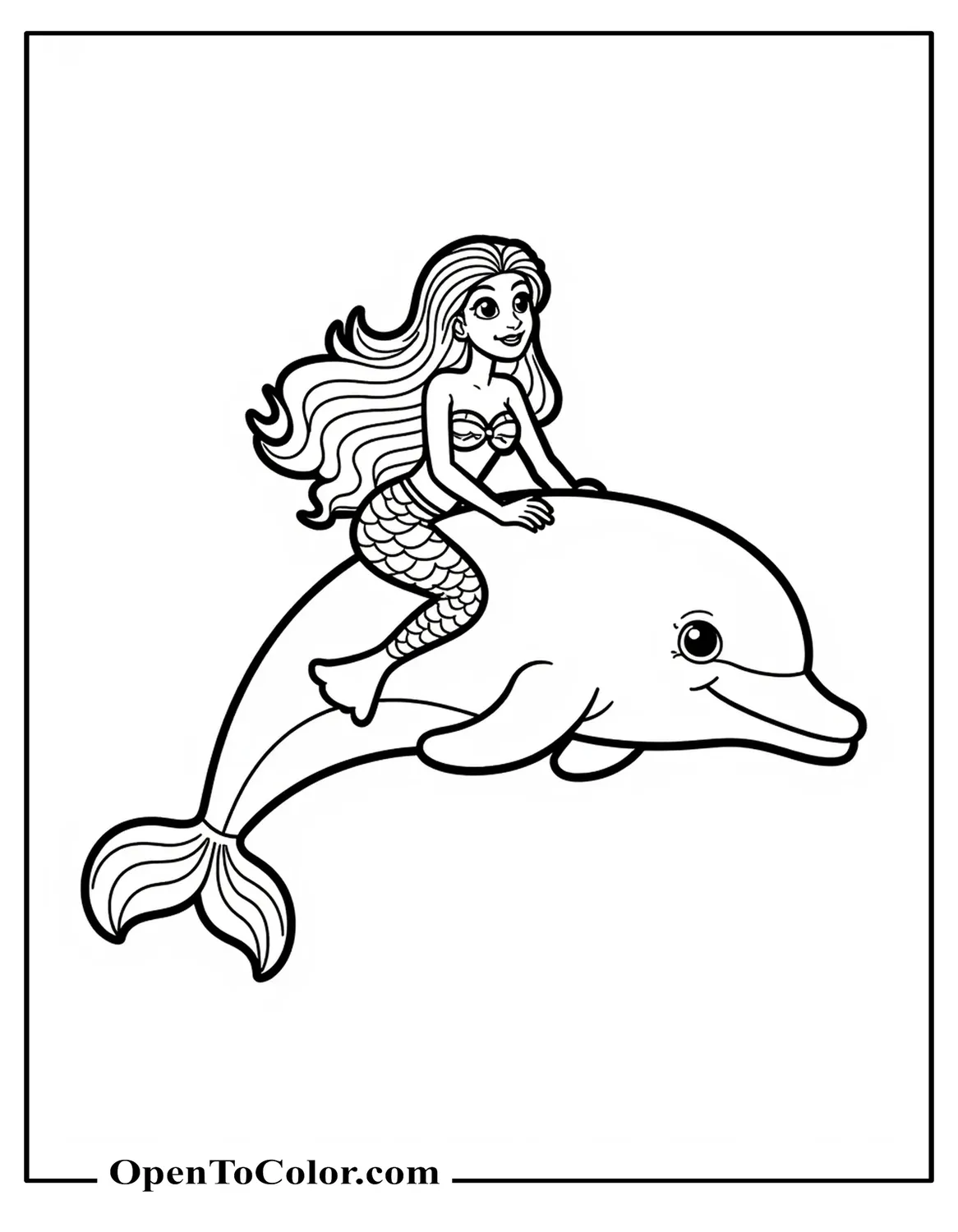 Free Coloring Sheet of a Mermaid Princess Riding a Dolphin