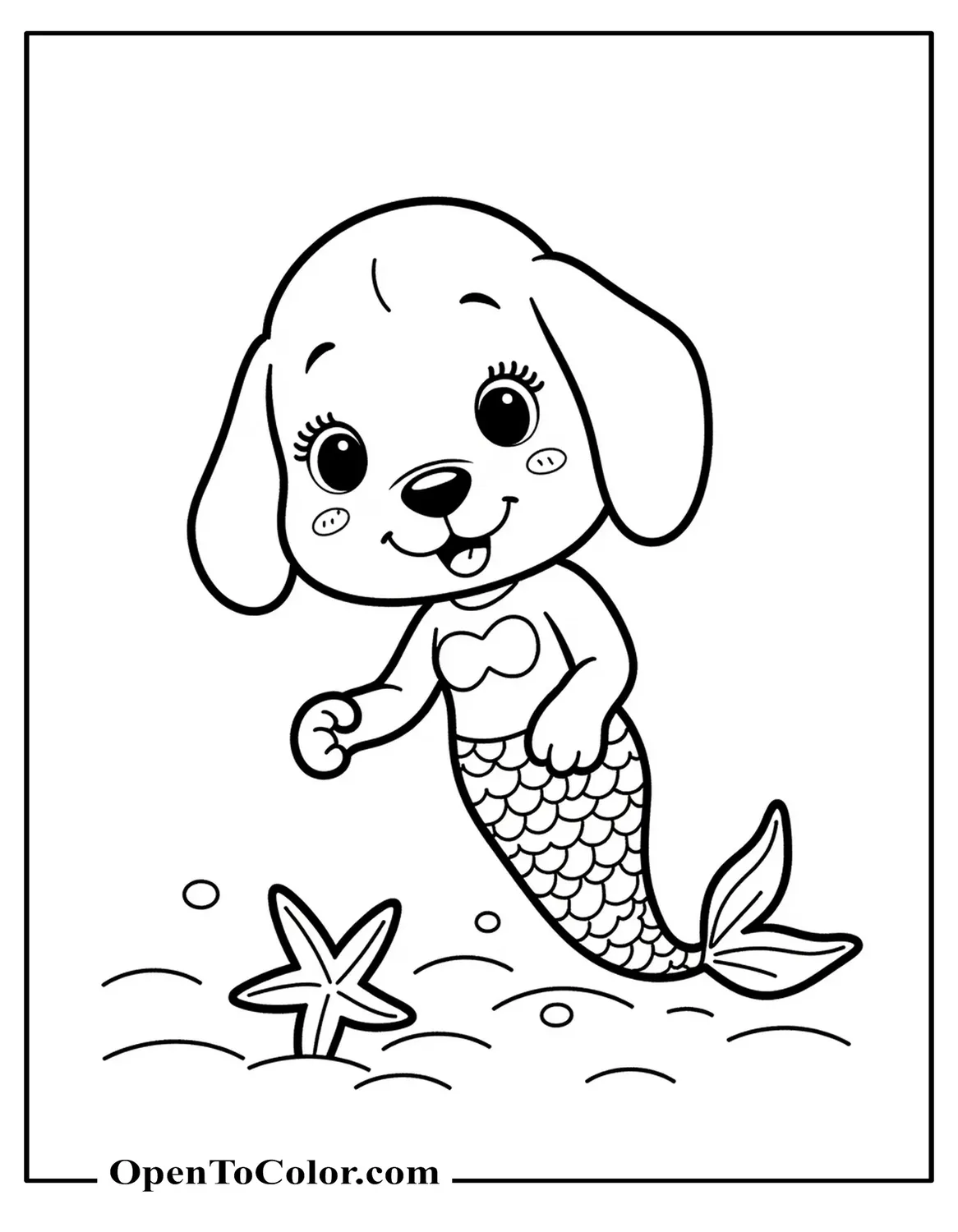Printable Coloring Sheet of a Puppy Mermaid Chasing a Starfish Toy