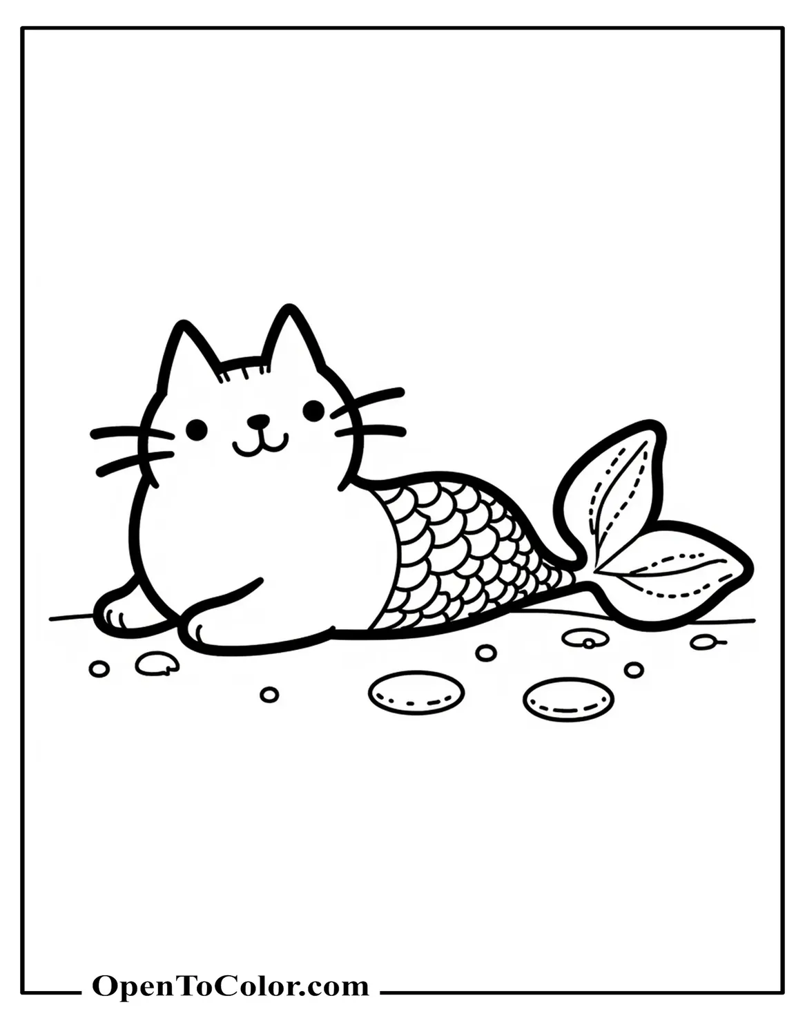 Pusheen Cat Mermaid Lounging On A Sandy Seabed Coloring Page Printable