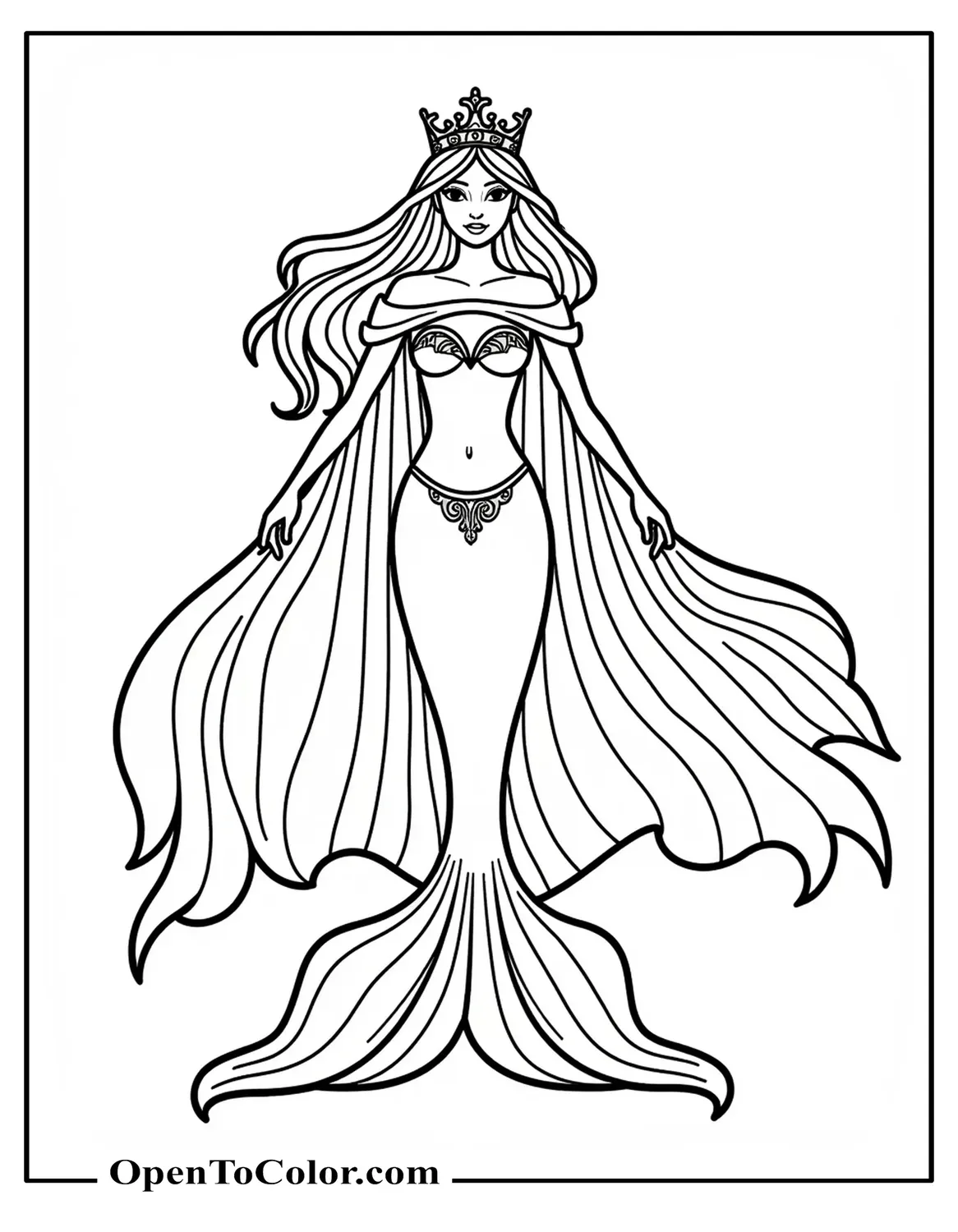 Free Coloring Sheet of Regal Mermaid Queen with Flowing Cape and Crown