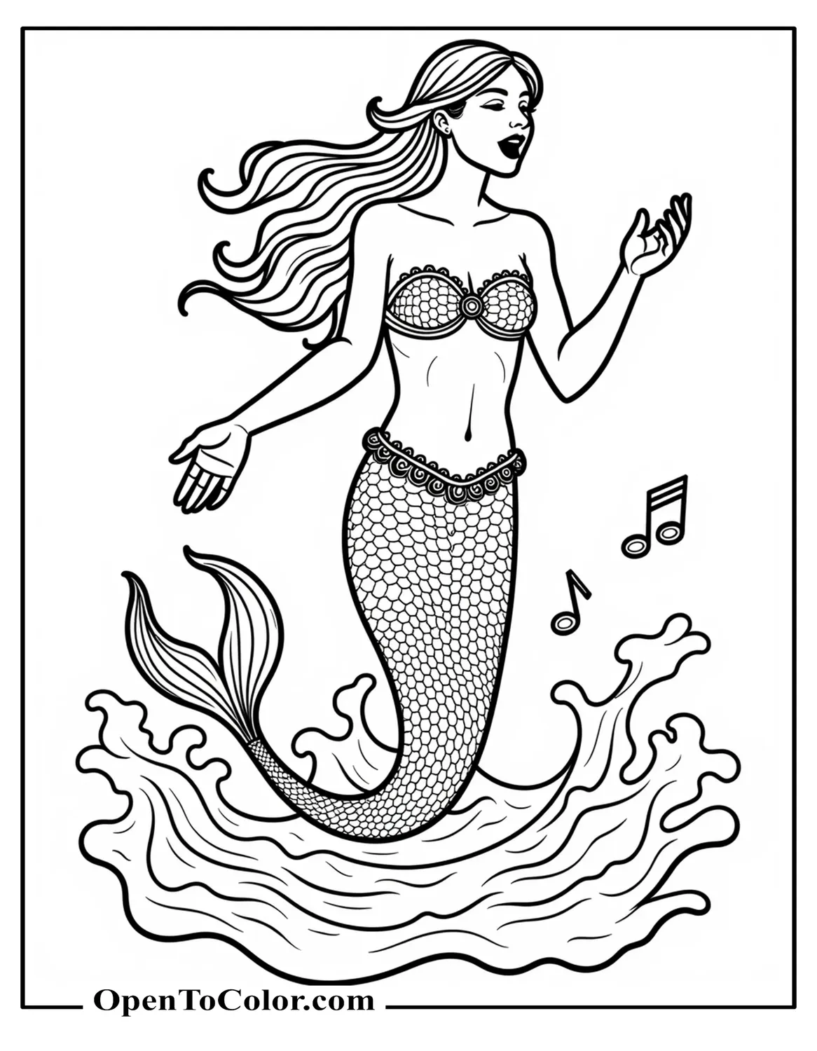 Printable Coloring Sheet of Siren Mermaid Singing with Music Notes and Waves