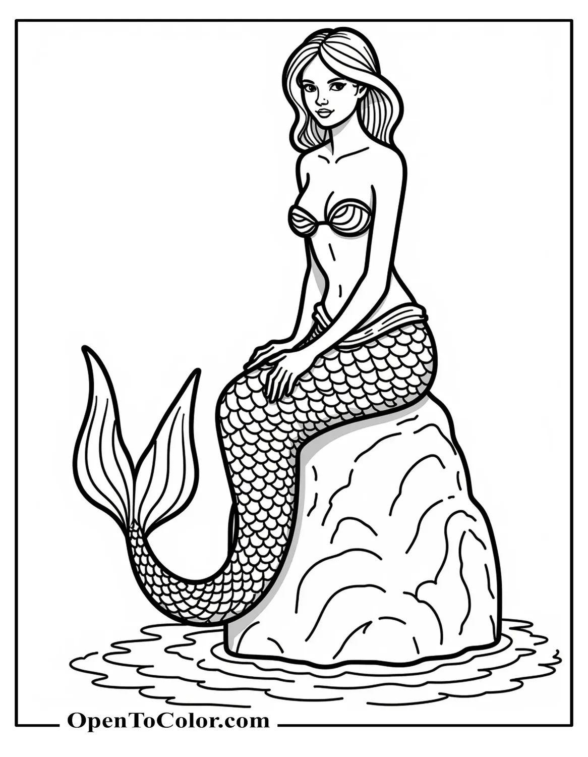 Free Coloring Page of Large Mermaid Tail Draped Over Rock with Detailed Scales