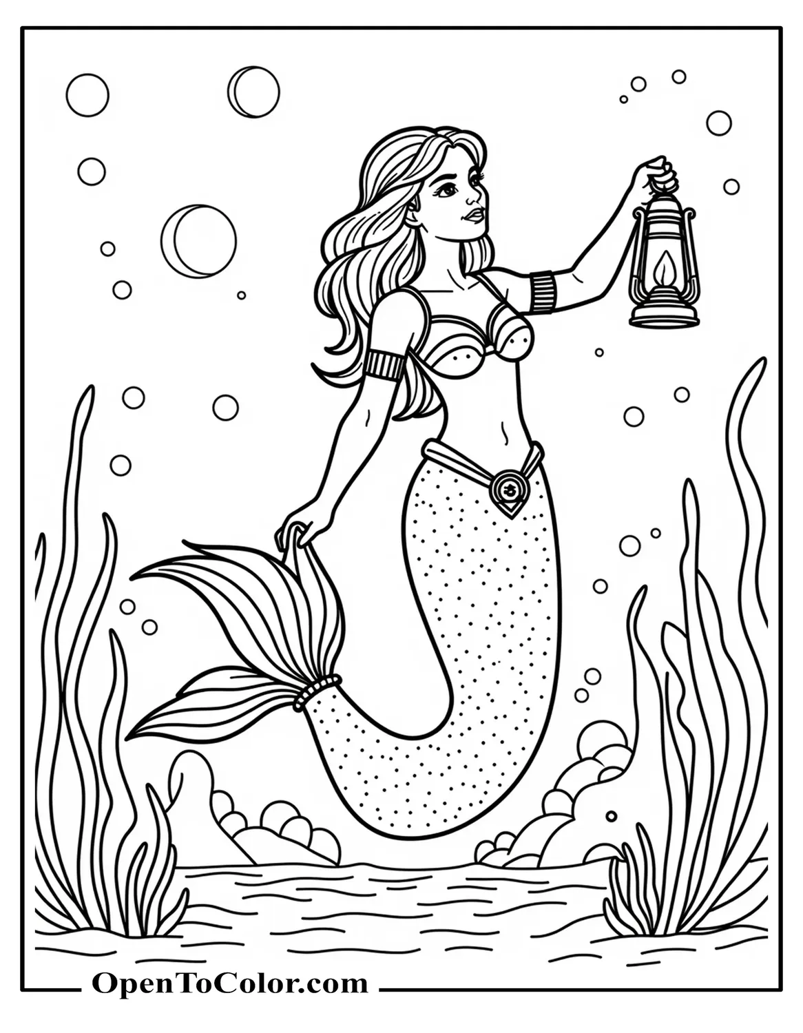 Printable Coloring Sheet of a Mermaid Exploring Underwater Ruins With a Lantern