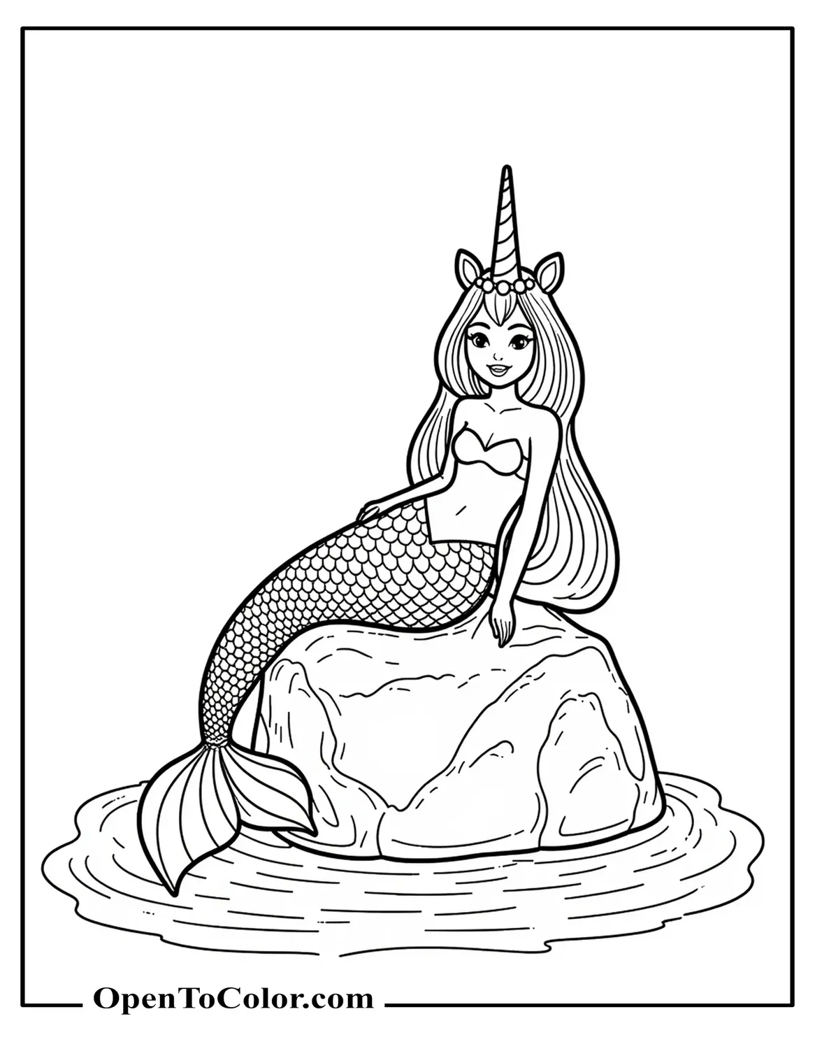 Free Coloring Sheet: Mermaid with Unicorn Horn Sitting on a Rock