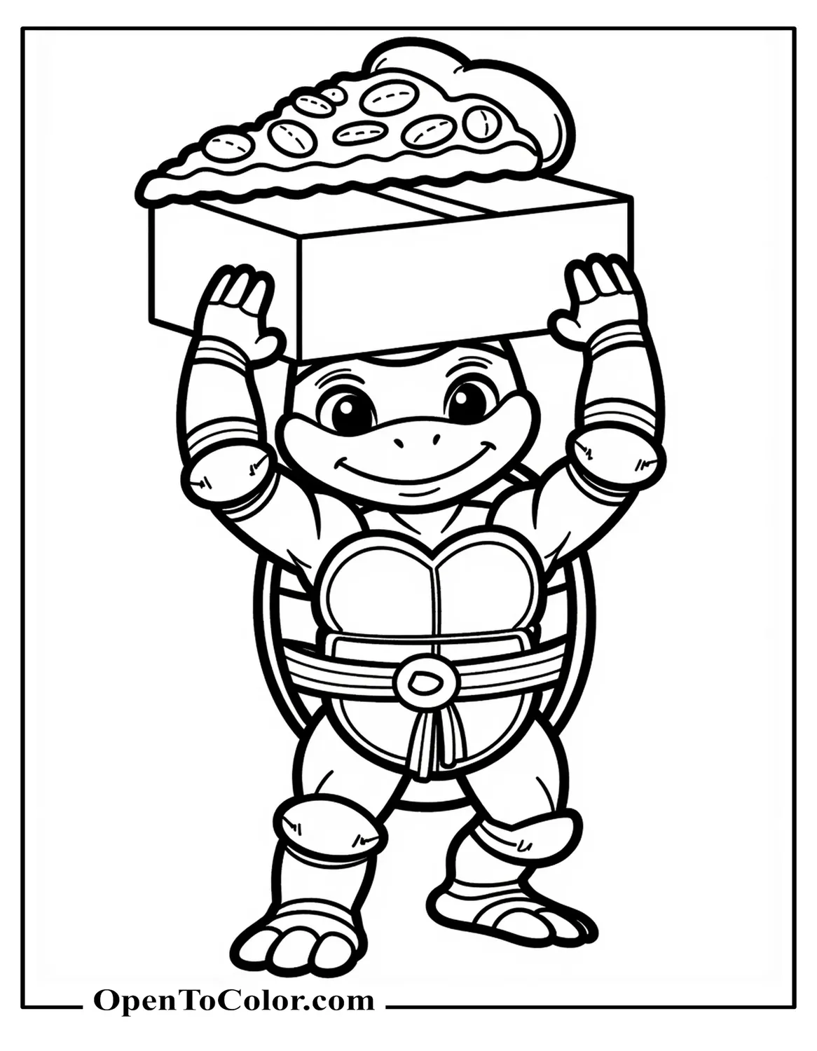 Michelangelo Ninja Turtle Balancing Pizza Box On Head, Fun Cartoon Style Coloring Sheet, Printable