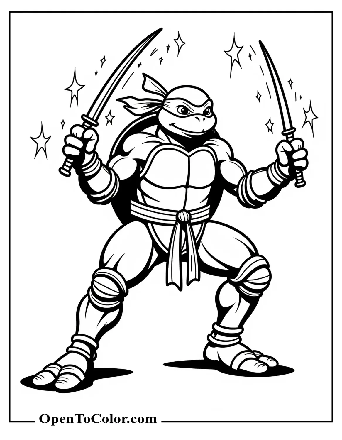 Free Michelangelo Tmnt Ninja Turtle Coloring Page Juggling Two Nunchucks, Stars of Motion Around Them