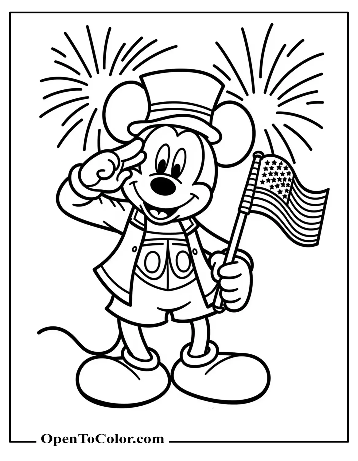 Free 4th of July Theme Coloring Page: Mickey Mouse Saluting With Fireworks and Small Flag Behind Him