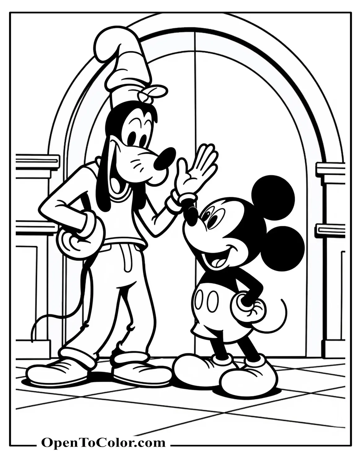 Free Coloring Page of Mickey Mouse with Goofy High‑Fiving in Front of Clubhouse Doors, Energetic Comic Style