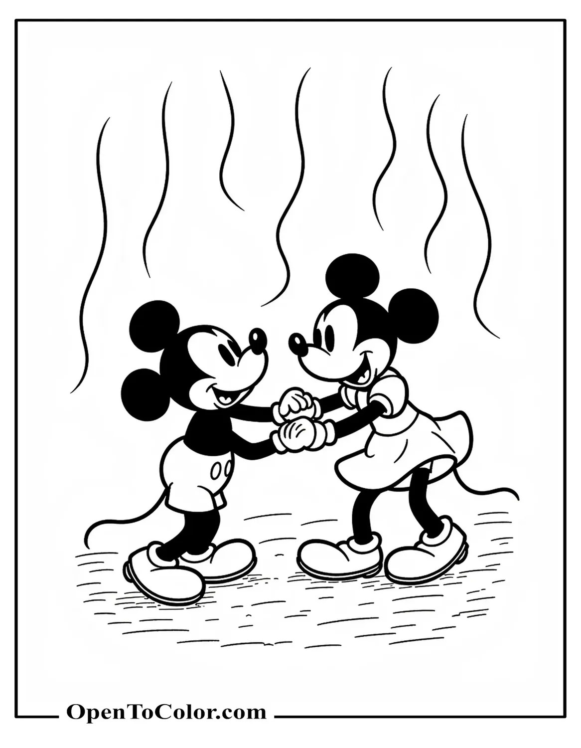 Free Coloring Page of Mickey Mouse and Minnie Dancing Together Under Streamers, Detailed 1930s Clubhouse Style