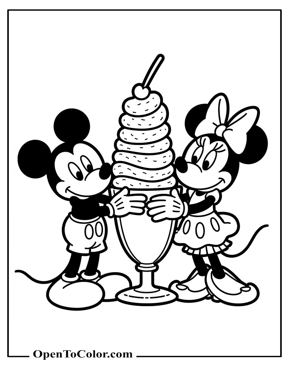 Mickey Mouse and Minnie sharing one giant ice-cream sundae, Funko-Pop heads, coloring sheet, printable.