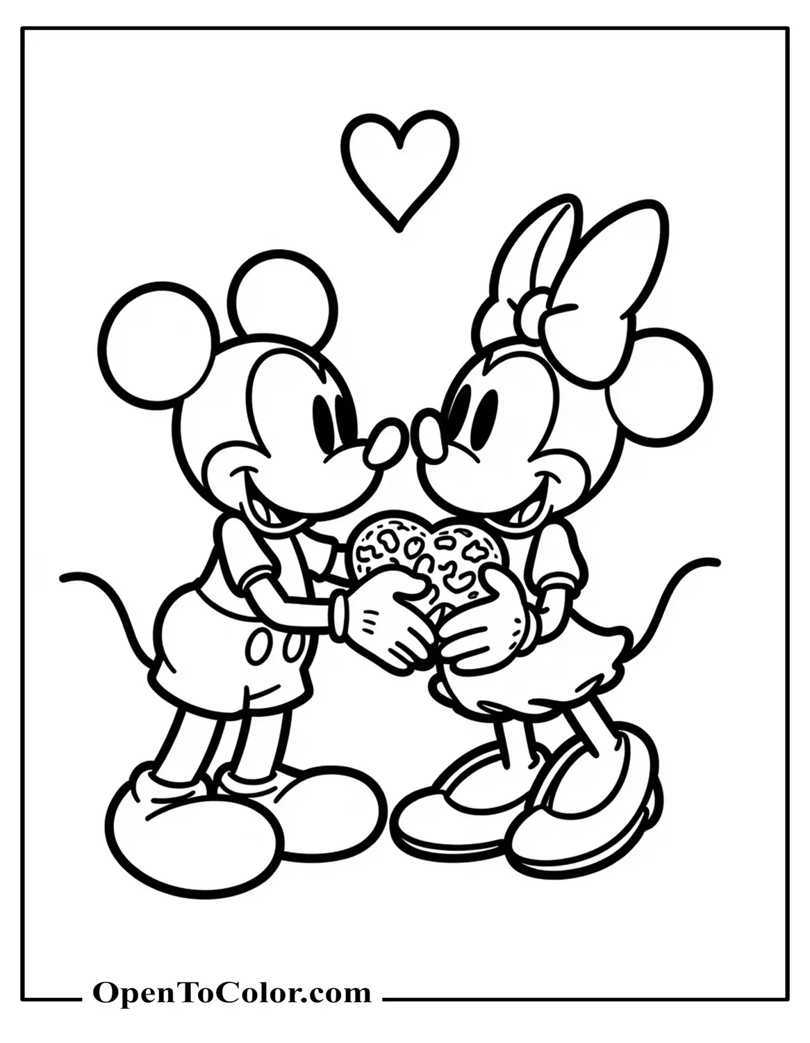 Mickey Mouse giving Minnie a heart-shaped box of chocolates, Valentine scene, printable coloring sheet.