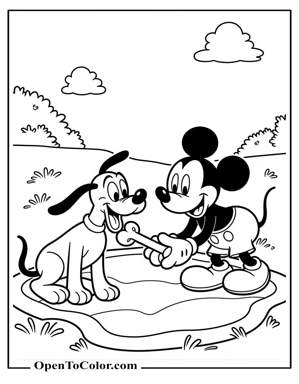 Mickey Mouse and Pluto playing fetch with a bone in picnic meadow coloring page PDF