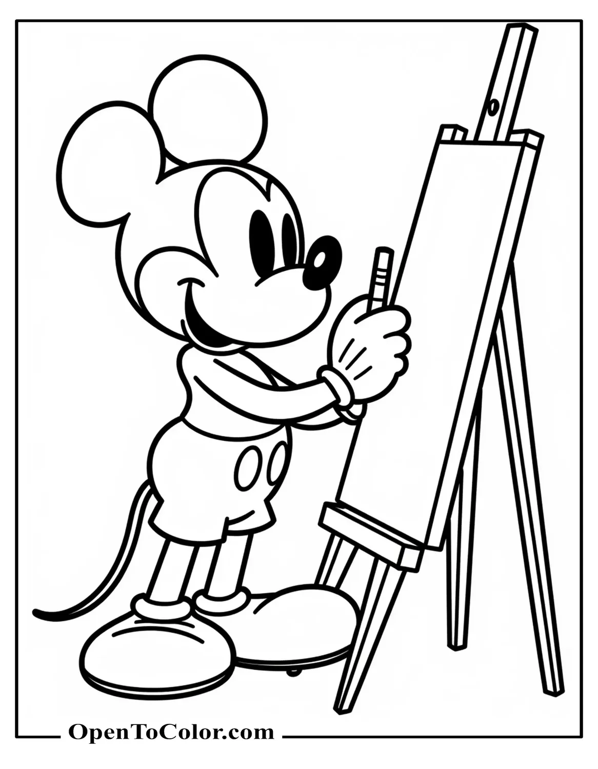 Free Coloring Page of Mickey Mouse Sketching Himself on an Easel, Meta Classic Animation Style