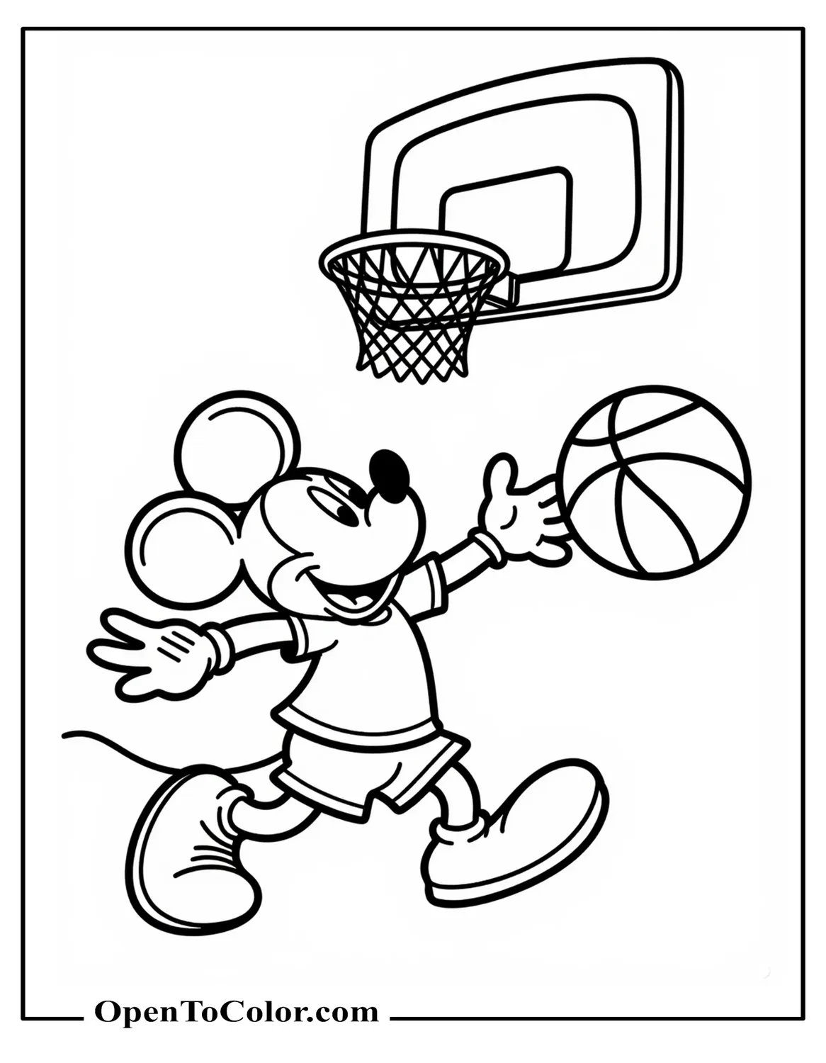 Mickey Mouse Dribbling A Basketball Toward A Hoop, Sporty Dynamic Pose, Printable Coloring Sheet
