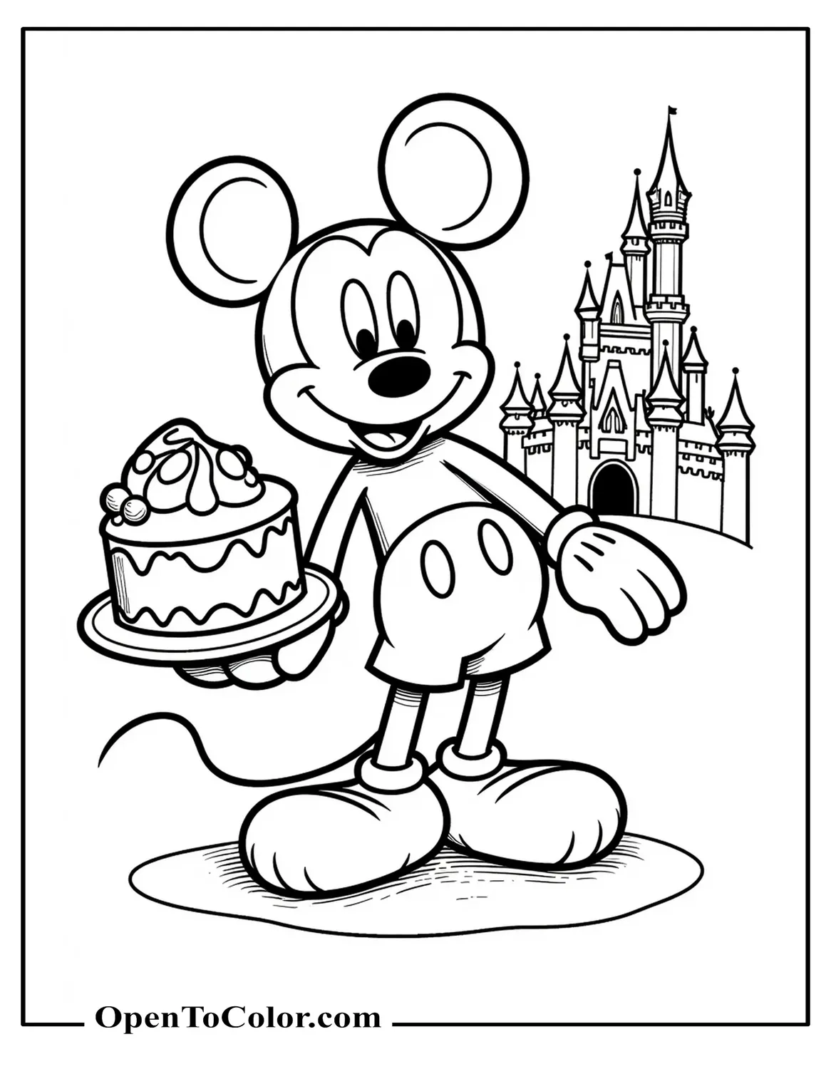 Mickey Mouse Blowing Out Candles On A Layered Cake With Big “Happy Birthday” Sign, Printable Coloring Sheet
