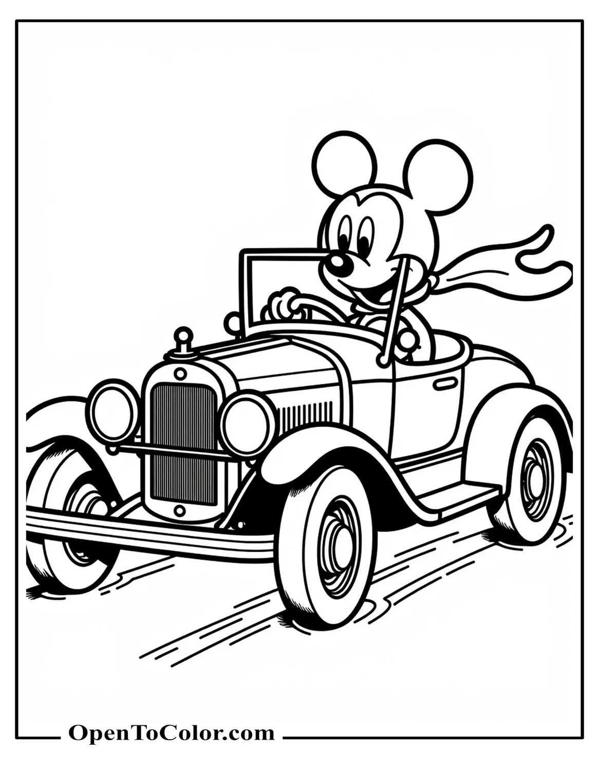 Free Coloring Page of Mickey Mouse Driving a Vintage Roadster with Wind‑Swept Scarf, Fun Mid‑Angle