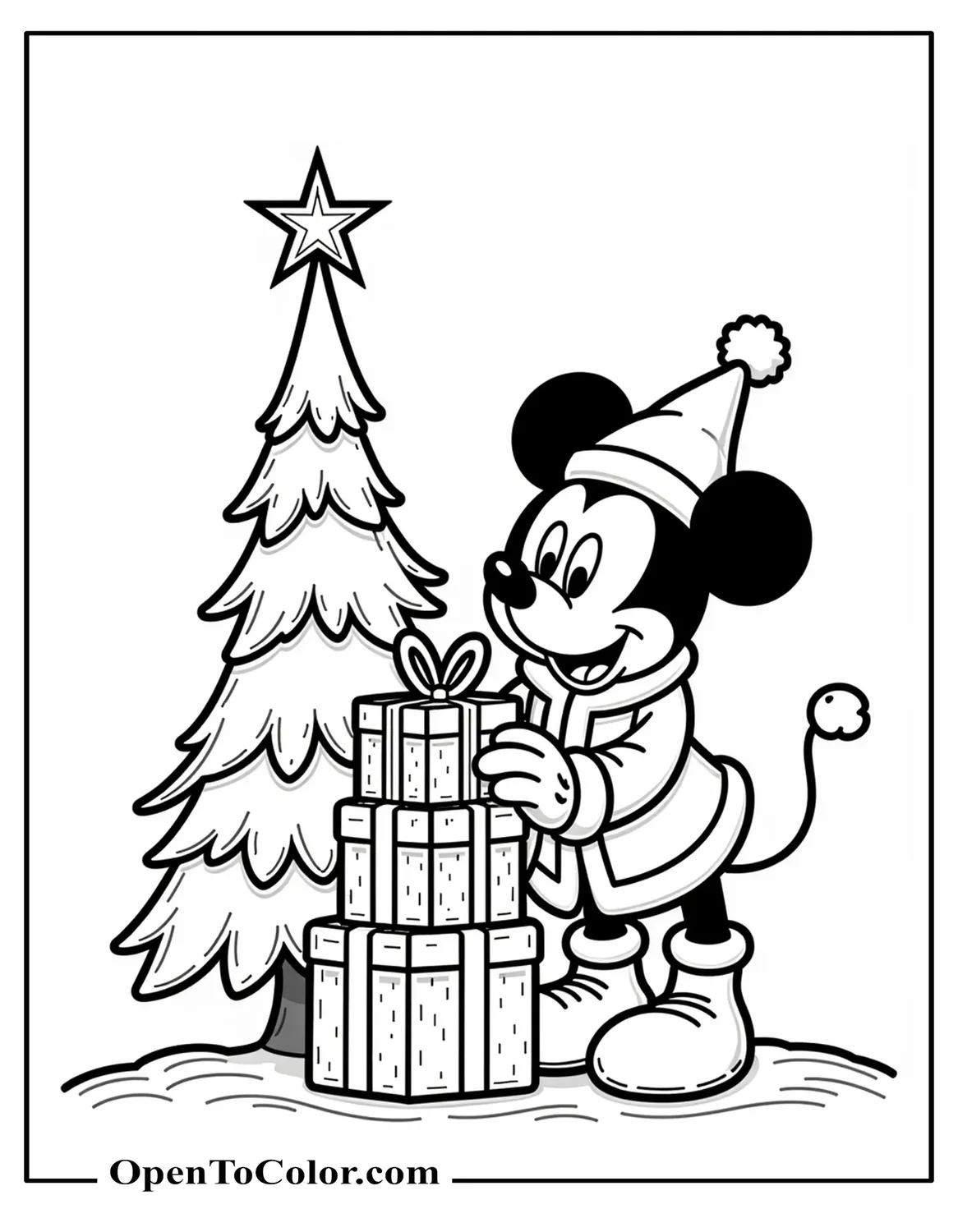 Mickey Mouse in Santa Coat Stacking Gifts Beside a Snowy Tree, Cute Kawaii Look, Coloring Sheet PDF