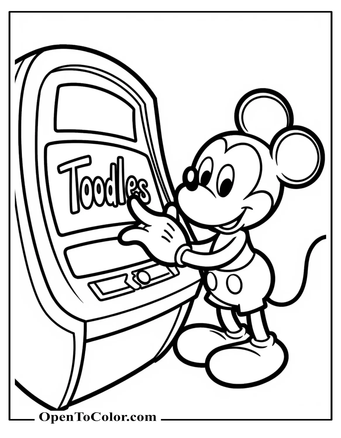Free Coloring Sheet of Mickey Mouse at Clubhouse Control Panel Pressing the Big “Toodles” Button, Disney Junior Look