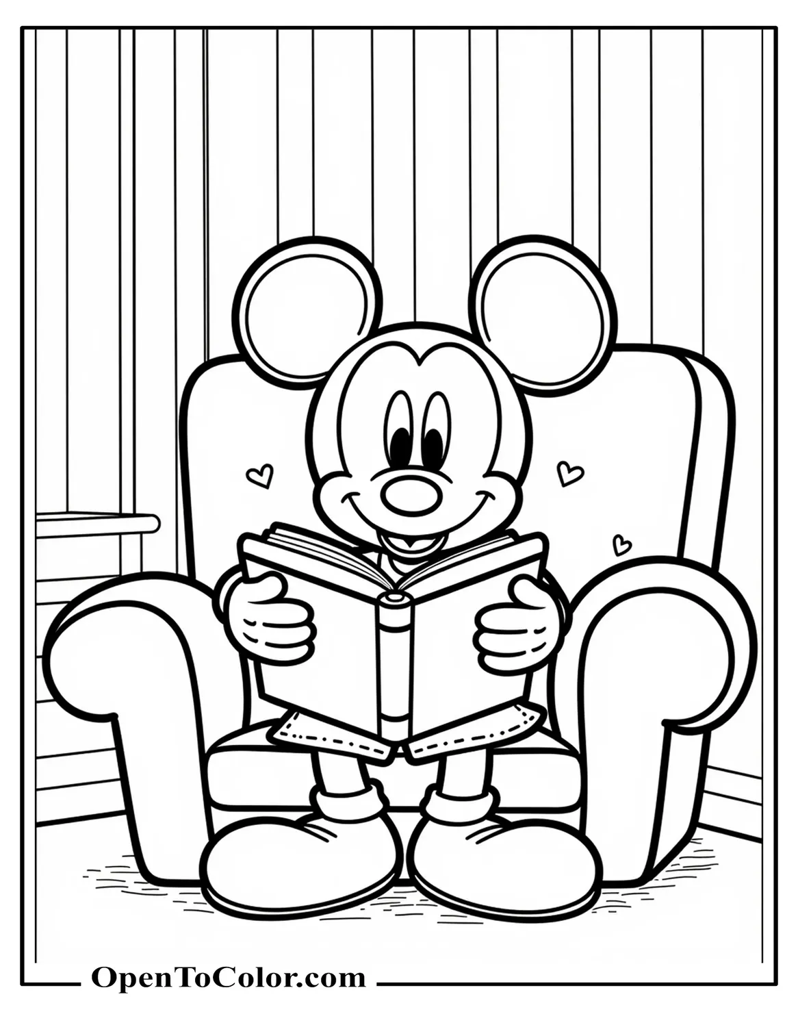 Free Coloring Sheet of Mickey Mouse Reading an Open Coloring Book on a Cozy Armchair, Sanrio-Inspired Lines