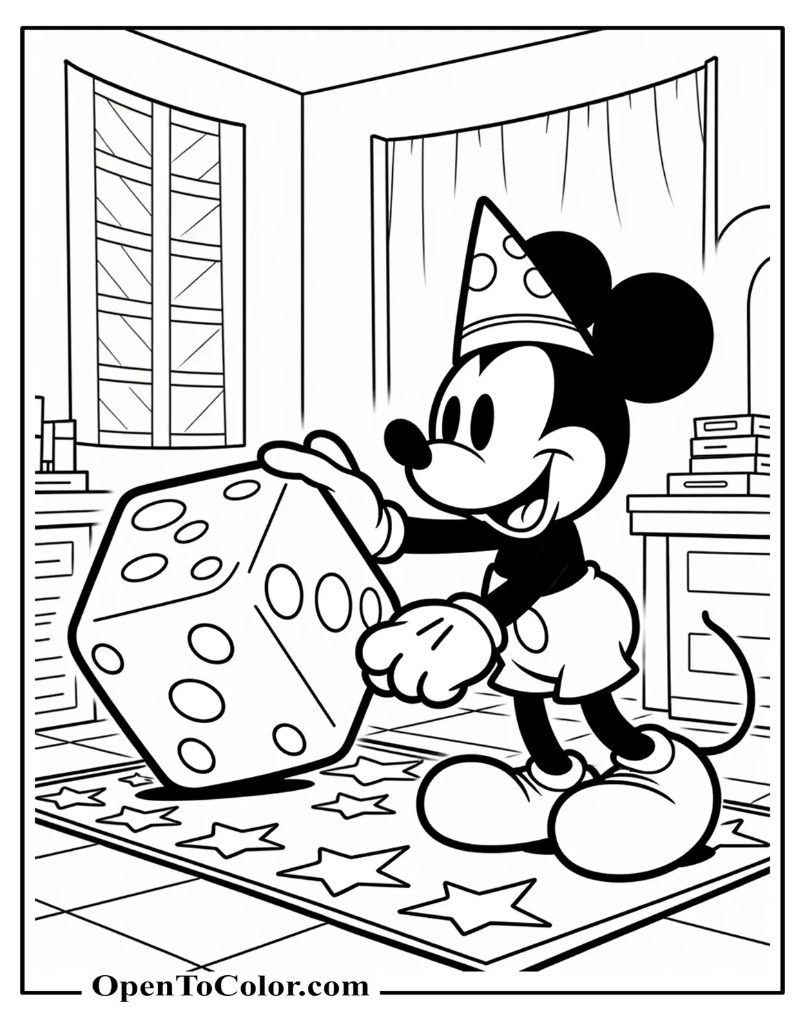 Free Coloring Sheet: Mickey Mouse Hosting a Board‑Game Night Rolling Giant Dice, Playful Party Scene