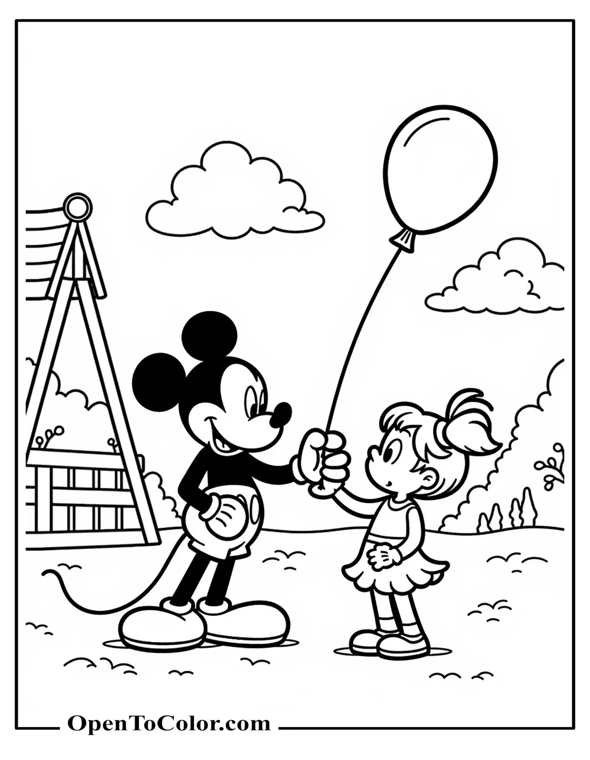 Free Coloring Page of Mickey Mouse Handing a Balloon to a Child, Cheerful Playground Background
