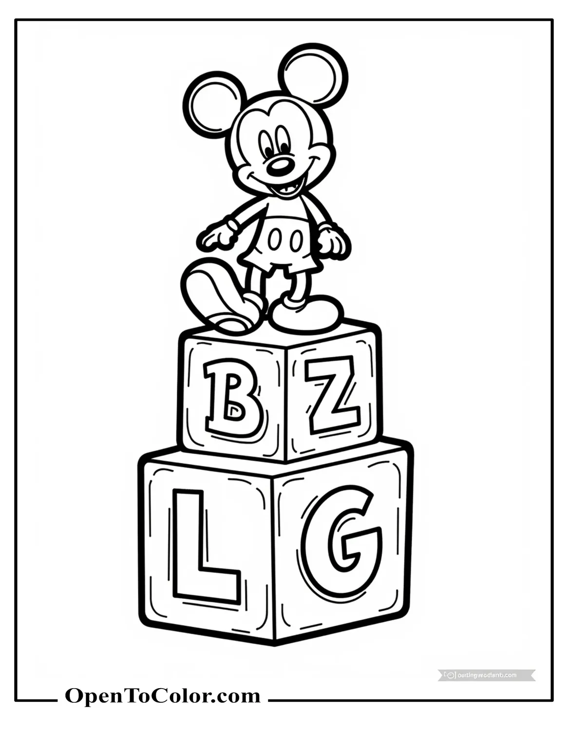Toddler-friendly Mickey Mouse stacking alphabet blocks coloring sheet, printable, simple rounded shapes, clear bubble letters on cubes