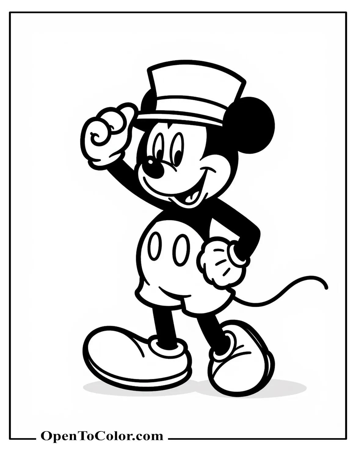 Classic Cartoon Mickey Mouse Coloring Page PDF Tipping His Hat On Main Street, Vintage Disney Chibi Style