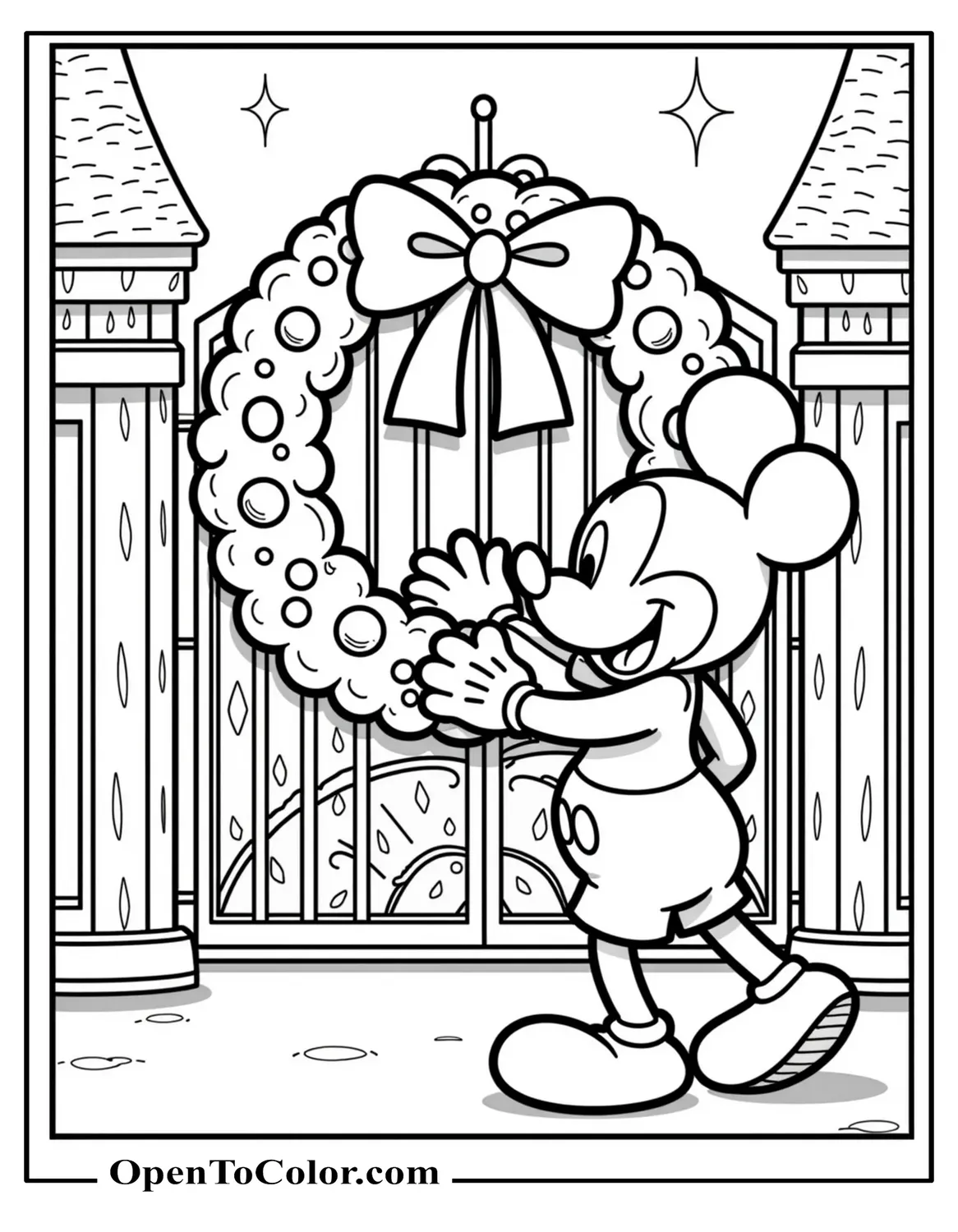 Mickey Mouse Decorating A Giant Wreath On Castle Gate, Disney Christmas Classic Coloring Page Printable