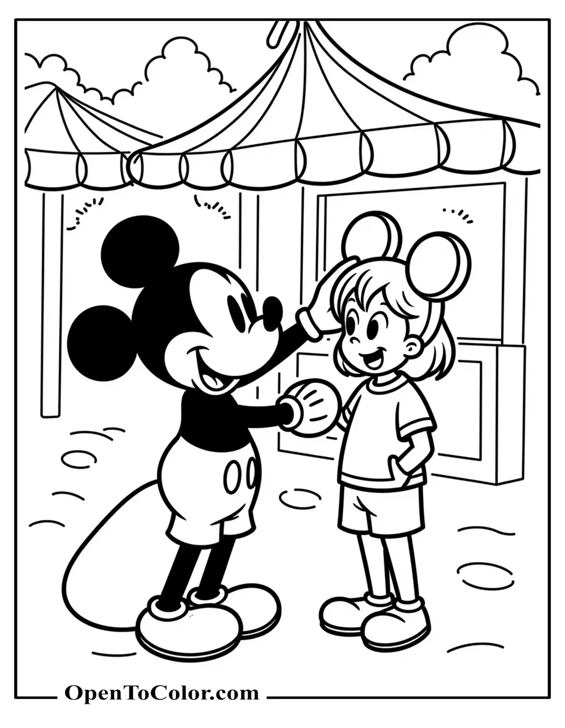 Mickey Mouse putting a pair of signature Mickey's ears on a child's head, coloring sheet PDF, carnival booth backdrop