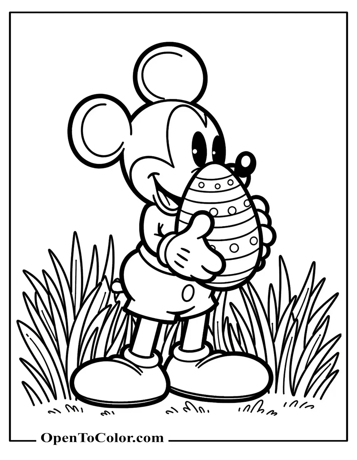 Mickey Mouse Hiding A Big Decorated Egg In Tall Grass, Easter‑Hunt Scene, Coloring Sheet PDF