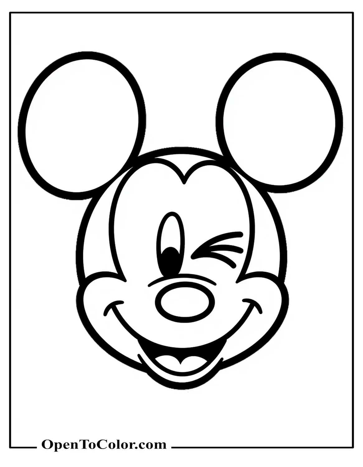 Close‑up Mickey Mouse face winking with one eye, bold thick lines coloring sheet PDF for toddlers