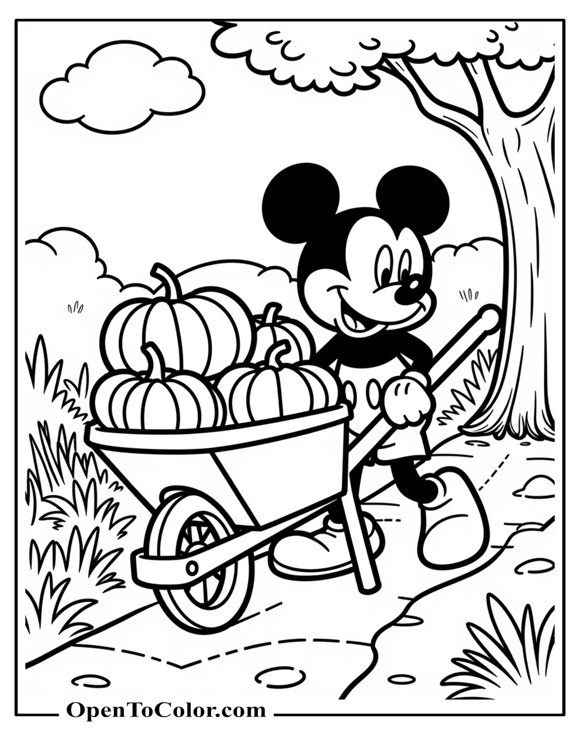 Mickey Pushing A Wheelbarrow Overflowing With Pumpkins Down A Path Coloring Sheet PDF