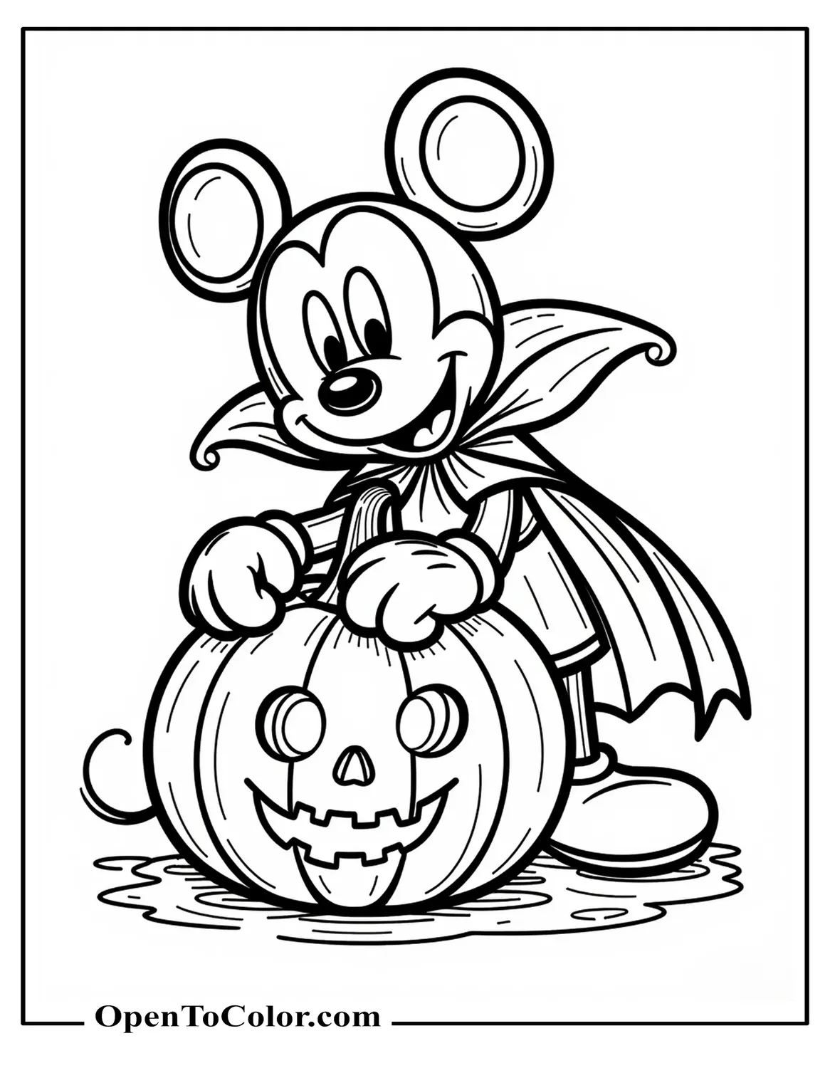 Mickey Mouse wearing a patchwork vampire cape carving a pumpkin, cartoon spooky style, coloring page, printable.