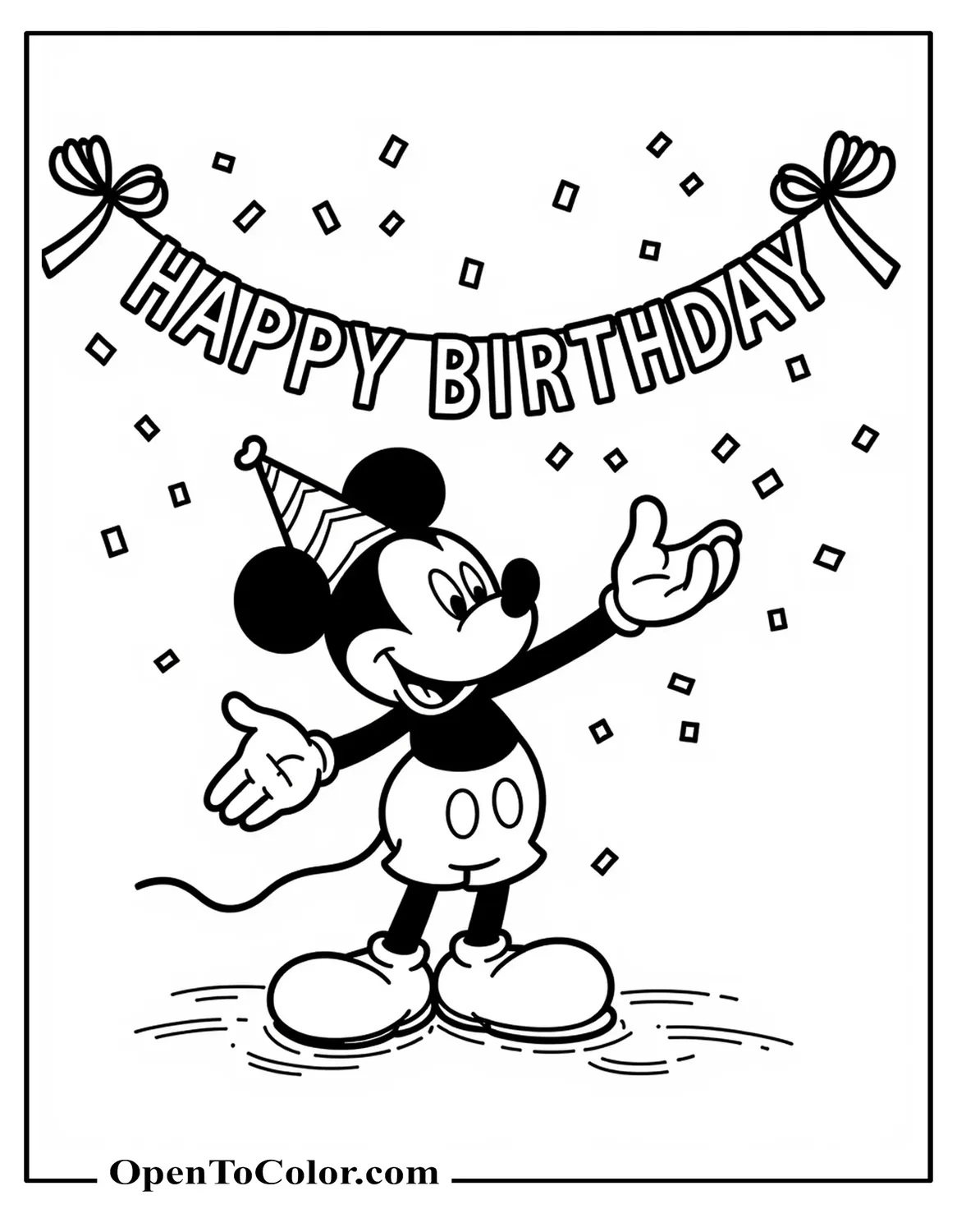 Mickey Mouse Tossing Confetti Under “Happy Birthday” Banner, Cartoon Party Style Coloring Sheet PDF