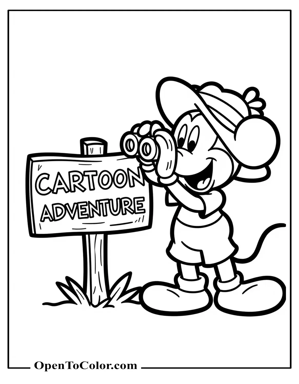Mickey Mouse in safari hat looking through binoculars beside a signpost saying "Cartoon Adventure" in white bubble letters, coloring page PDF.