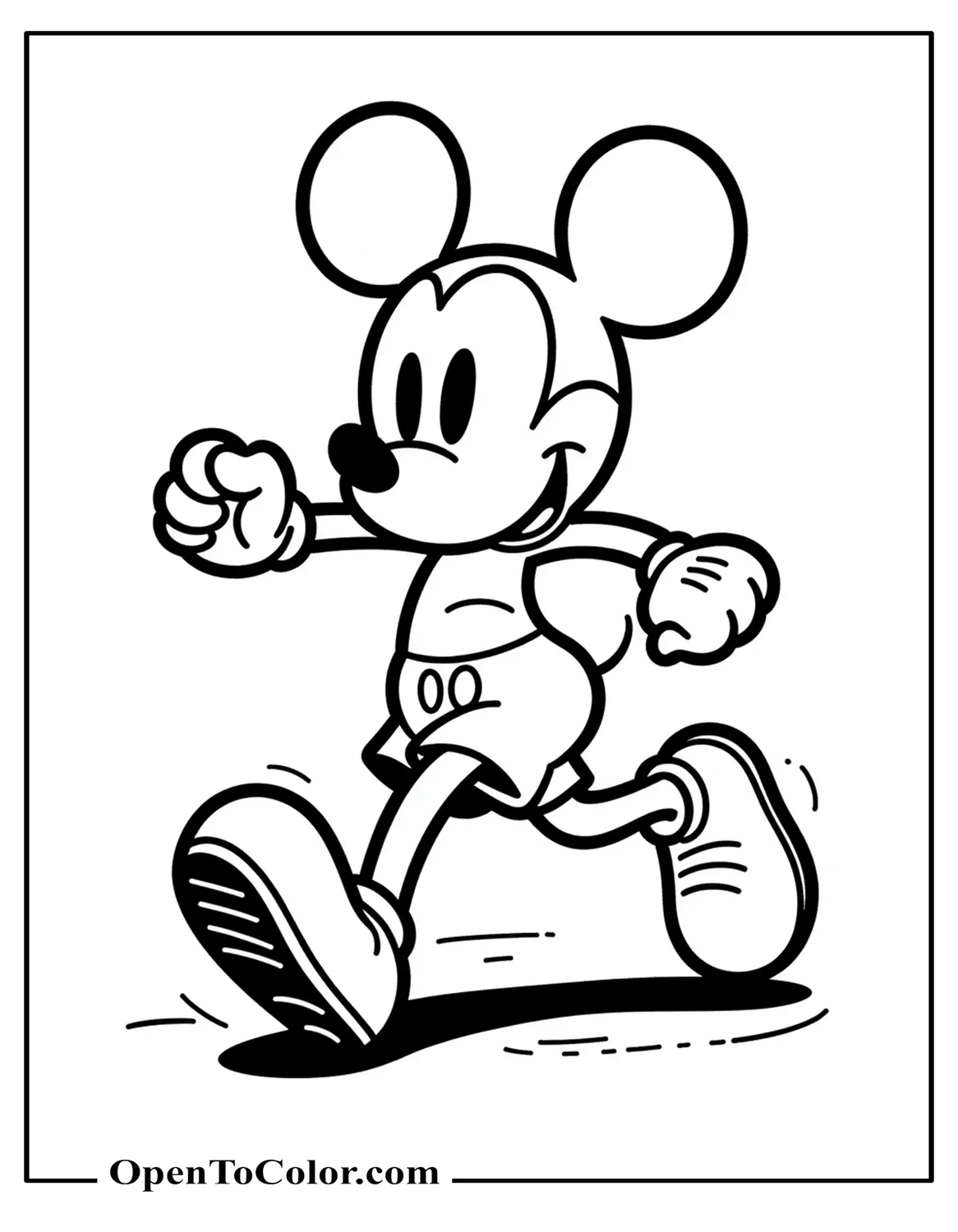 Free Coloring Sheet: Mickey Mouse Sprinting in Vintage “Steamboat Willie” Shorts, Retro Rubber‑Hose Style