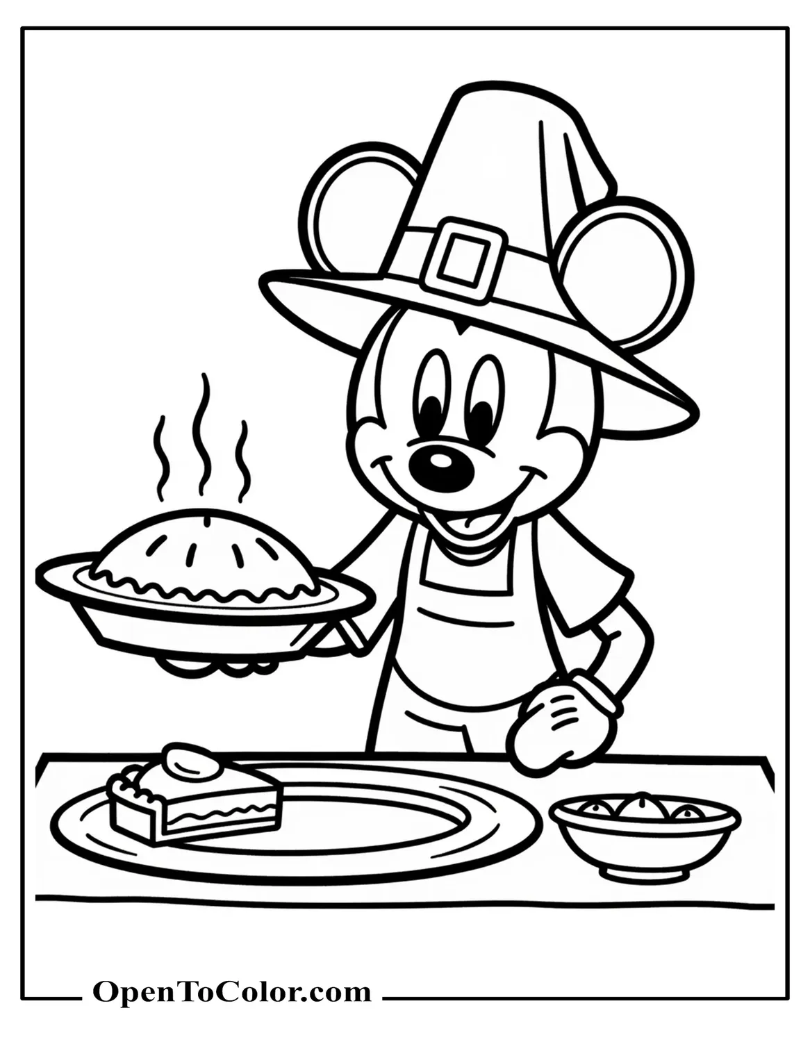 Mickey Mouse Wearing Pilgrim Hat Serving Pie At A Long Table, Detailed Line Art, Coloring Page PDF