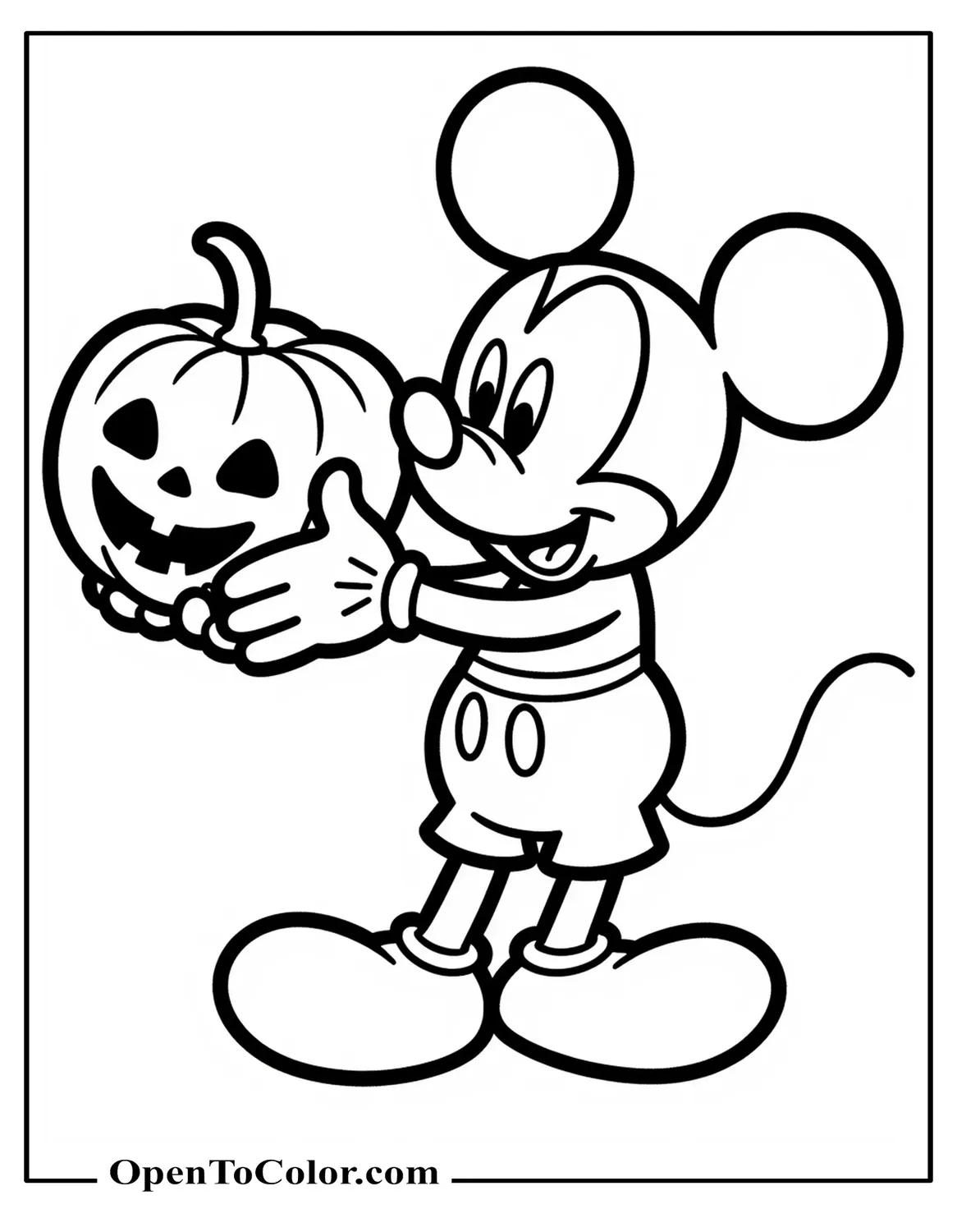 Mickey Mouse Holding A Carved Pumpkin And Smiling Proud Of Himself, Half‑Turned Pose, Coloring Page PDF
