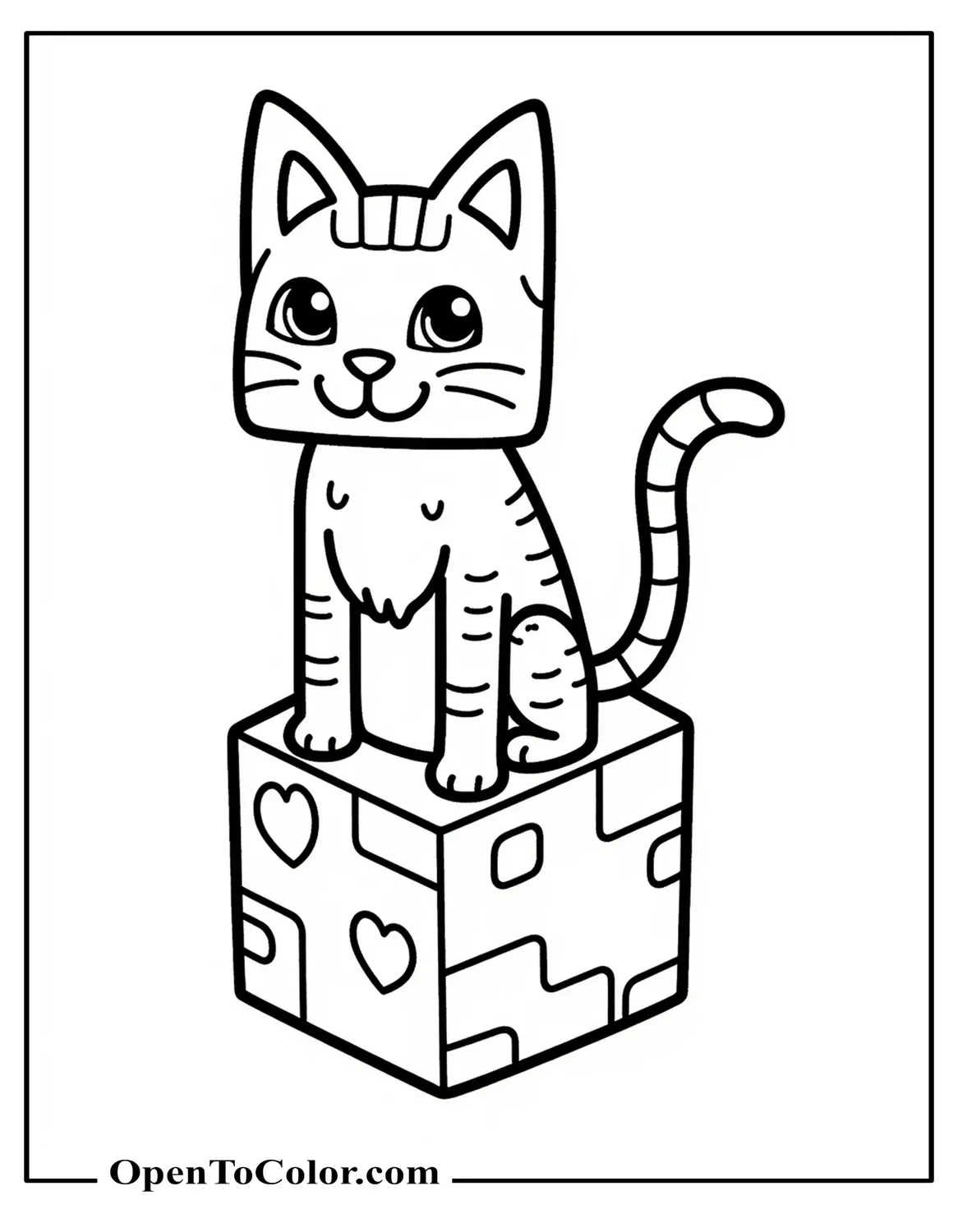 Free coloring page of a cat in a Minecraft video game style, sitting on a Minecraft style block.