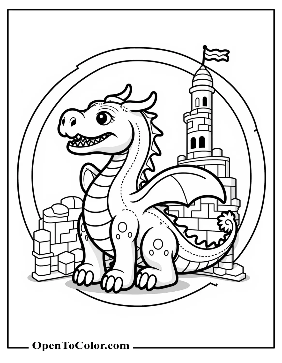 Free Coloring Page: Minecraft Style Blocky Dragon Character Circling Cubic Castle Tower