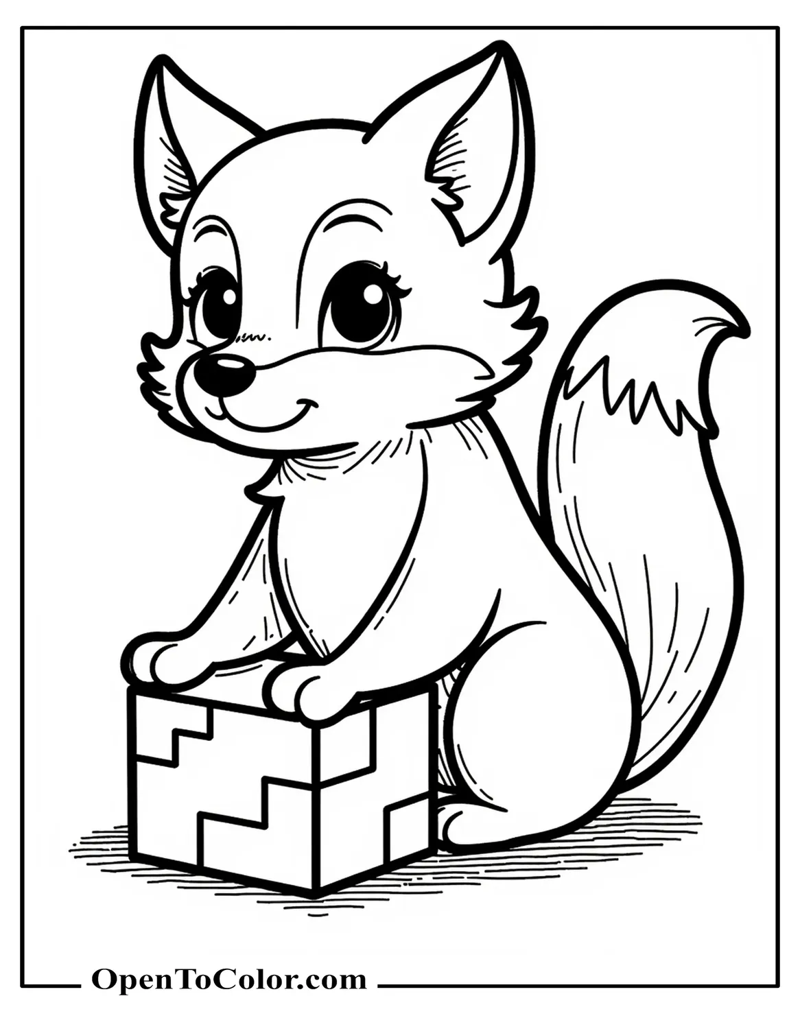 Printable Coloring Sheet of Pixel-Style Minecraft Fox Sitting Beside a Block