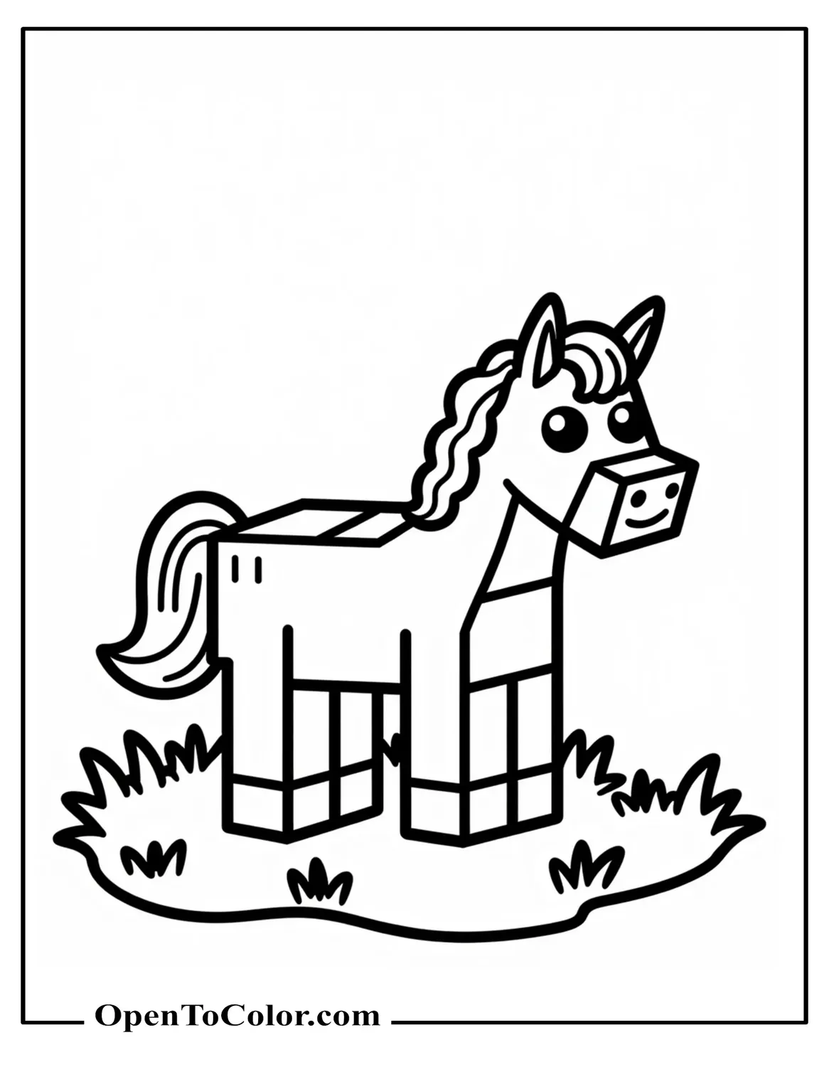 Blocky Minecraft Horse Coloring Page PDF Standing on Pixel Grass