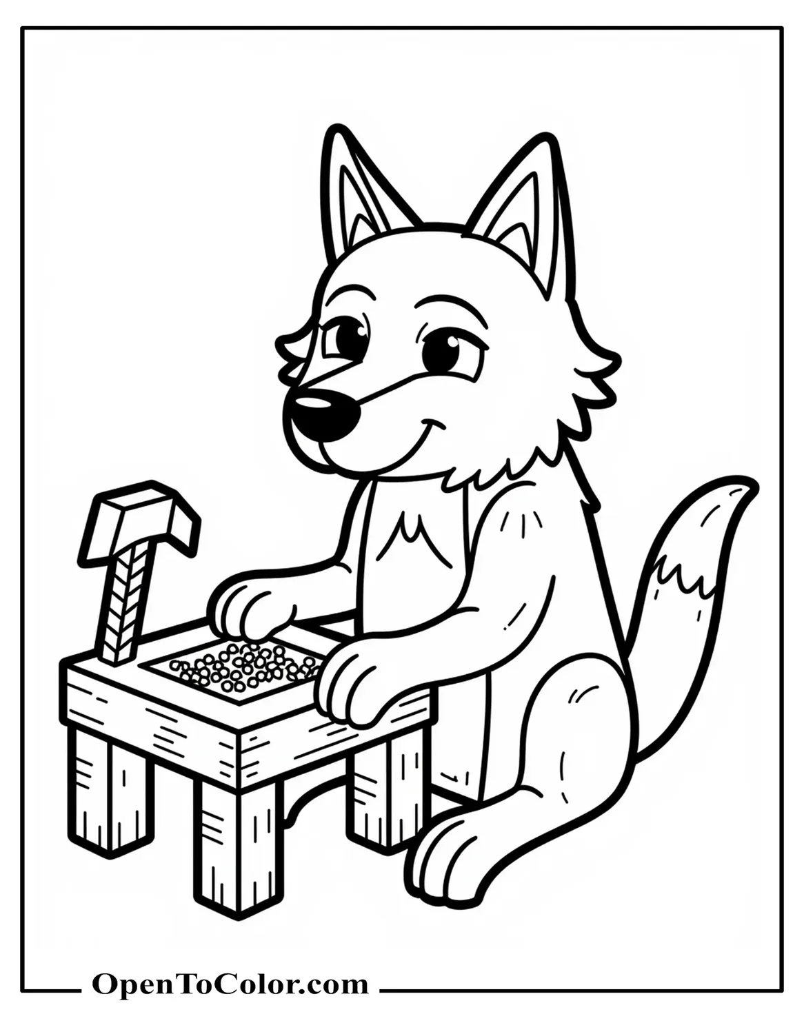 Blocky Minecraft Wolf Sitting Beside Pickaxe And Crafting Table Coloring Sheet Printable
