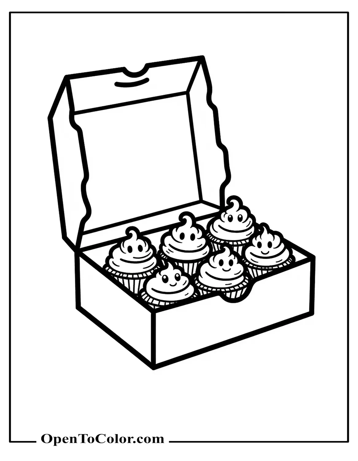 Printable Coloring Page of an Open Takeout Box of Six Smiling Mini Cupcakes Cartoon Style