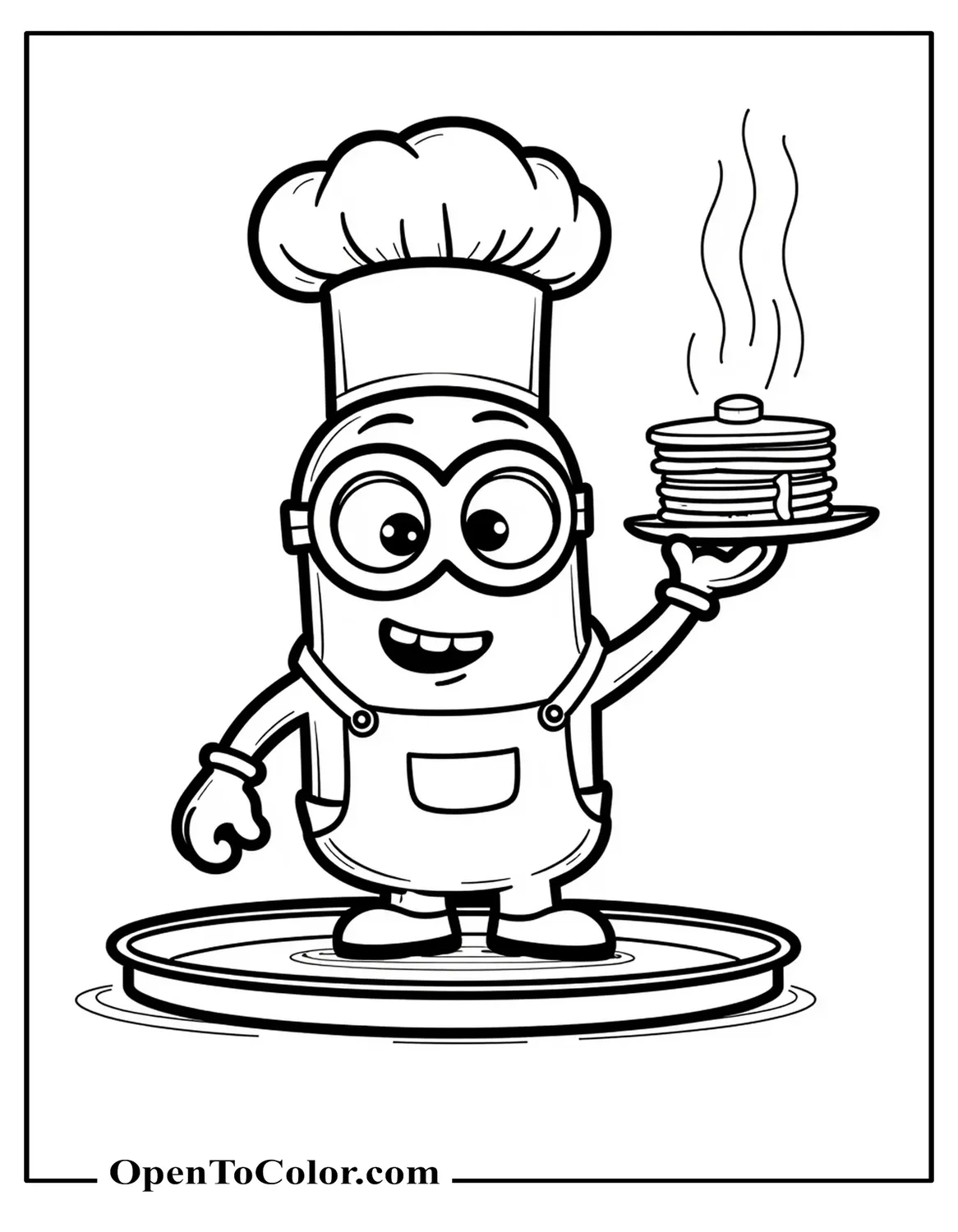 Chef Minion Coloring Sheet PDF, Flipping Holding Pancakes, Tall Chef Hat, Standing On The Pan