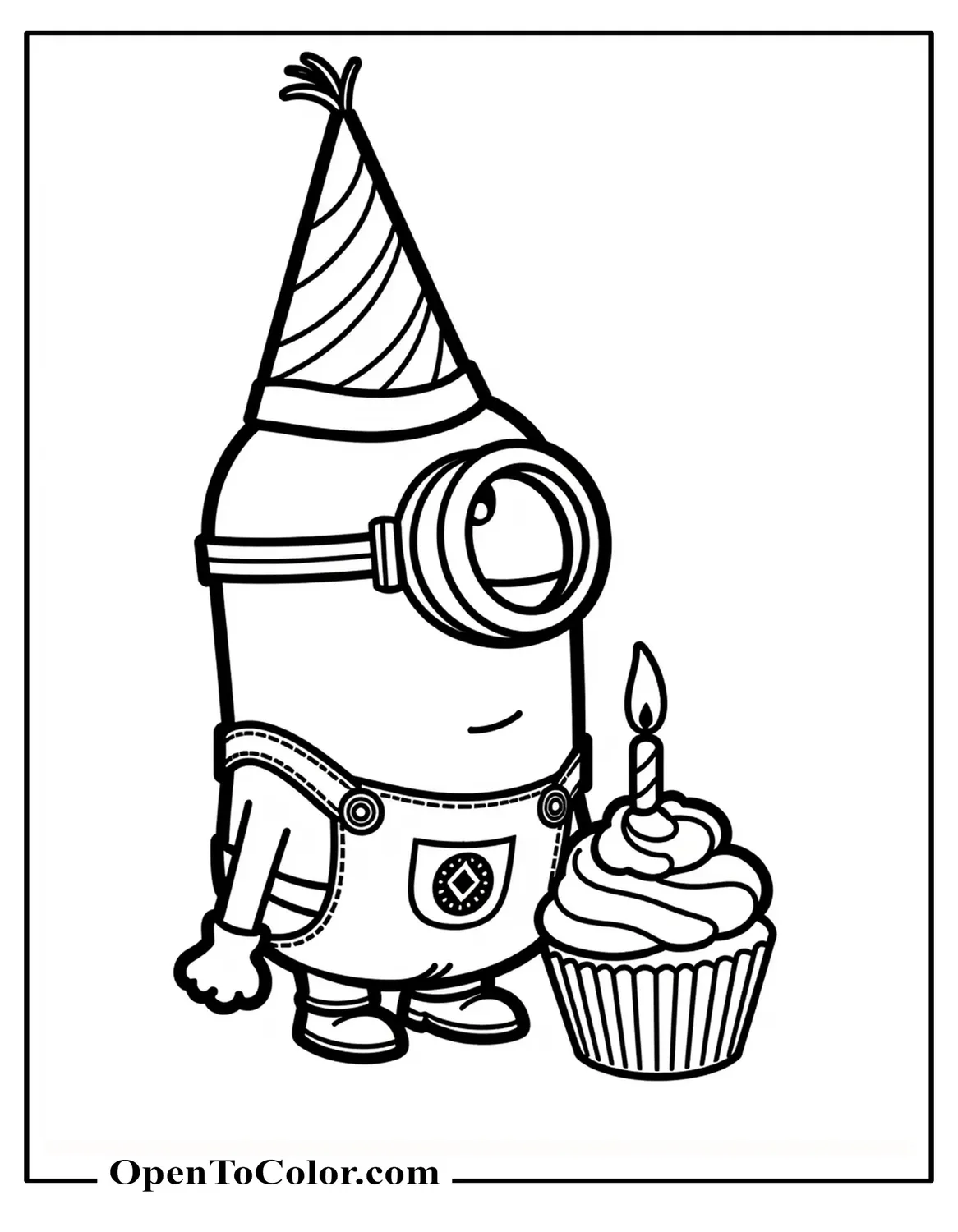 Printable Coloring Page of Minion Wearing Birthday Hat Blowing Out Candle on Cupcake