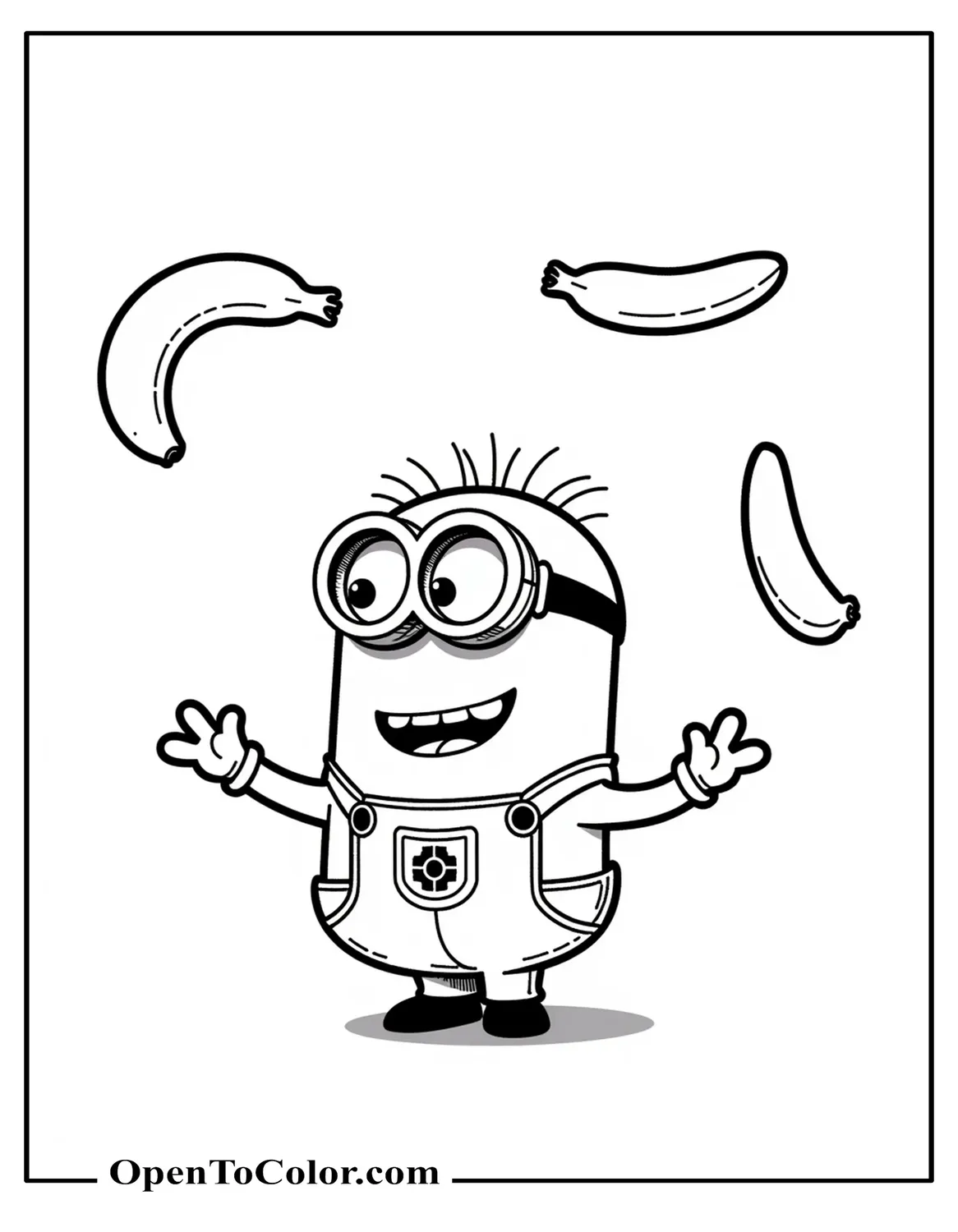 Bob Minion Tossing Three Bananas in Circus-Style Juggle Coloring Page Printable