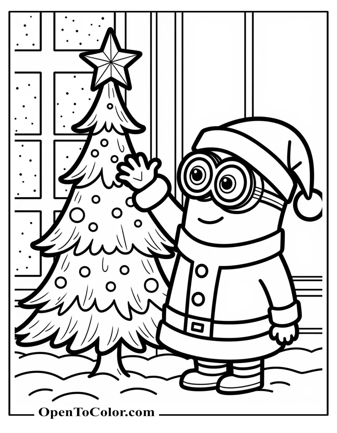 Free Coloring Sheet of Minion in Santa Suit Placing Star on Christmas Tree, Snowy Window Behind