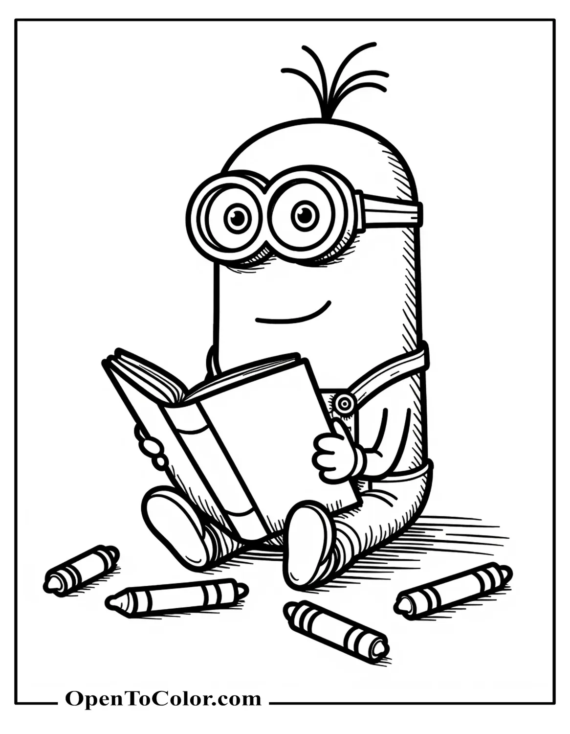 Comic-style Minion seated with open coloring book and scattered crayons, coloring sheet PDF.