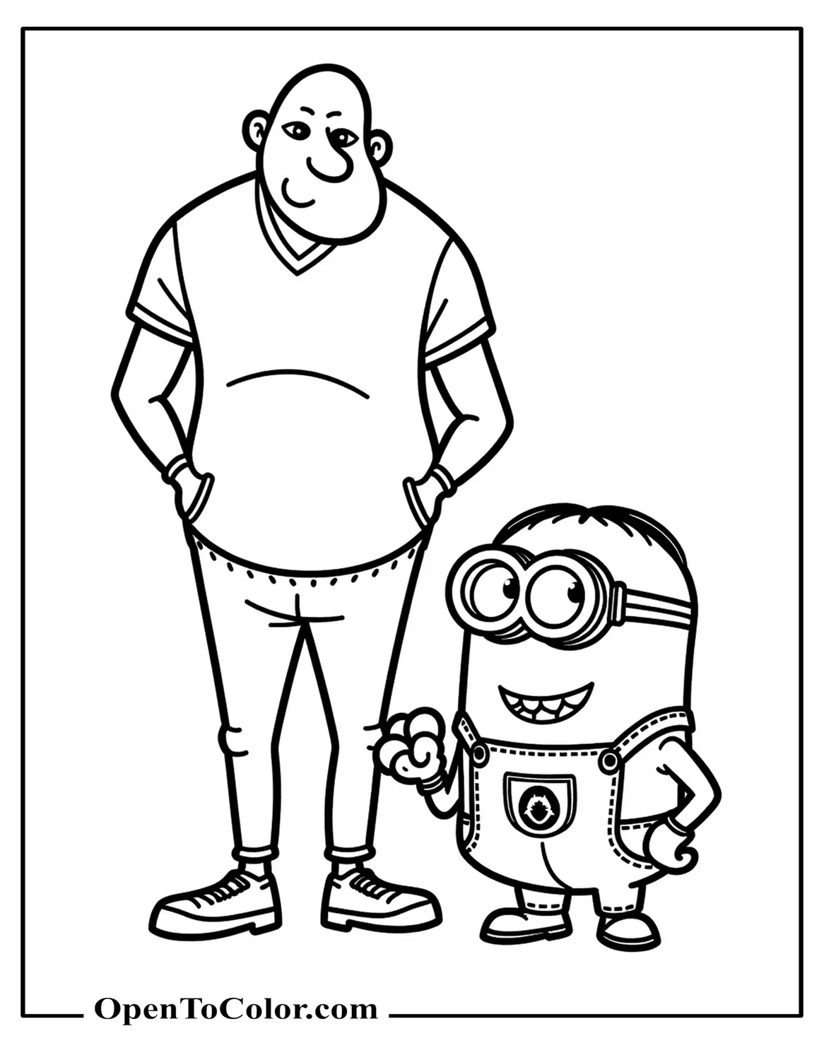Gru standing beside loyal minion presenting freeze ray coloring page PDF